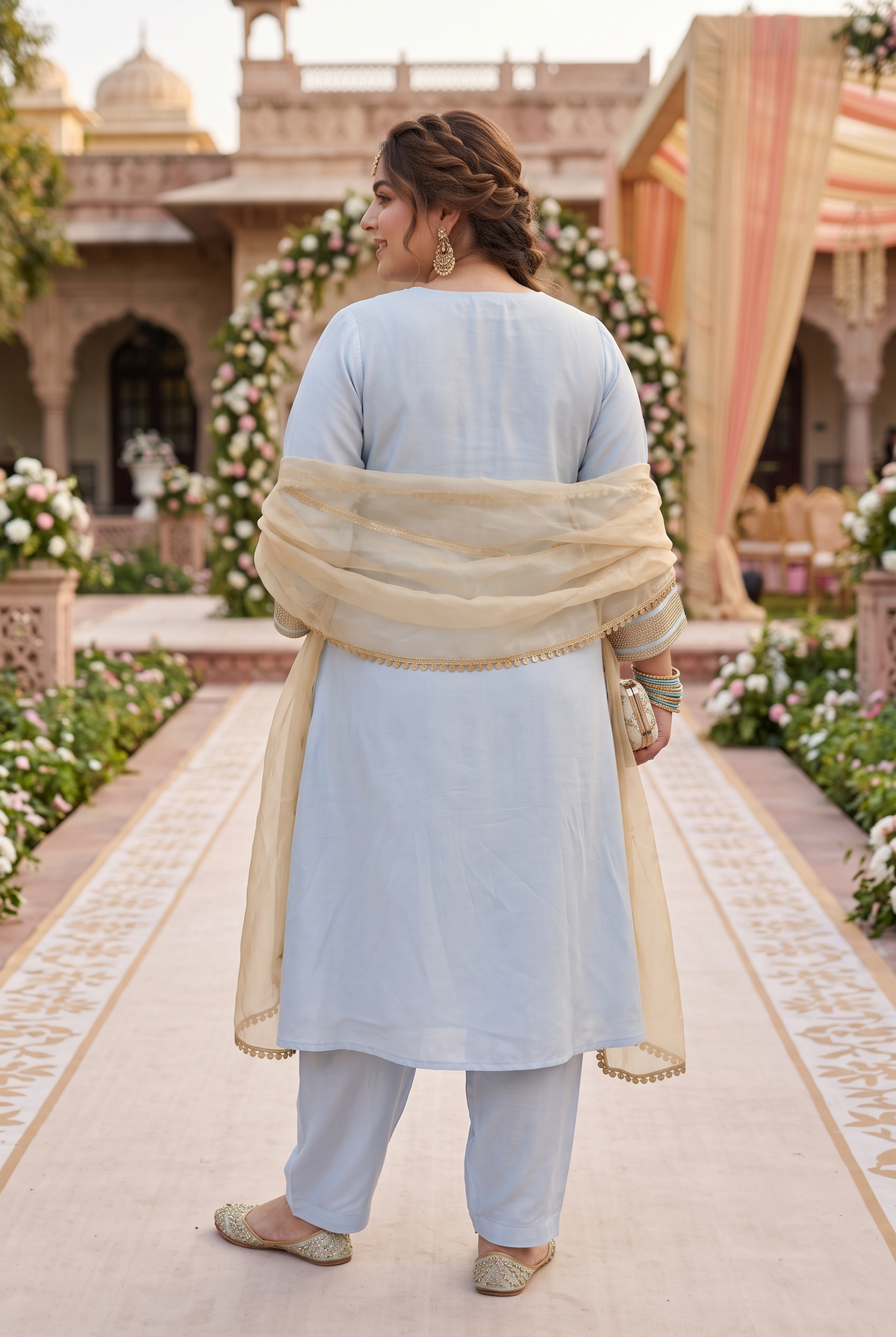 Plus Size Powder Blue Embroidered Kurta Salwar Set with Dupatta(Set of 3)