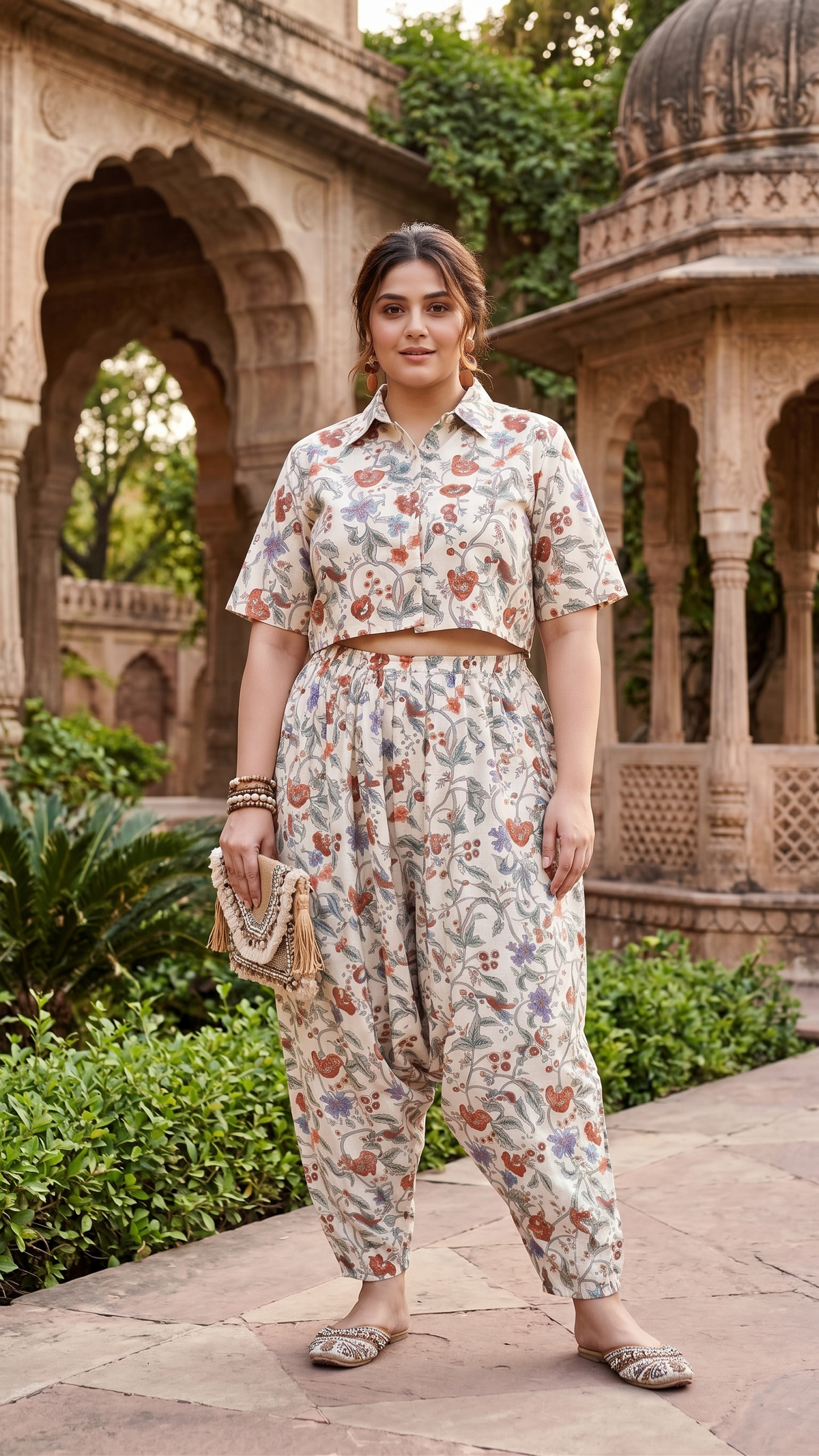 Regular Ivory Floral Print 100% Cotton Co-Ord Set | Shirt Crop Top & Harem Pants Set