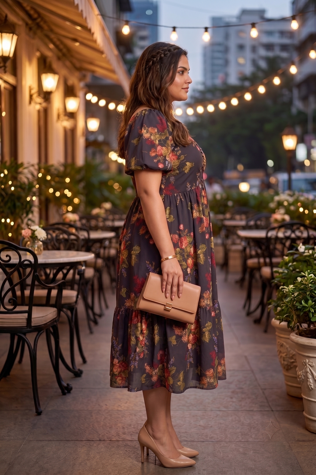 Black Floral Print Muslin Midi Dress