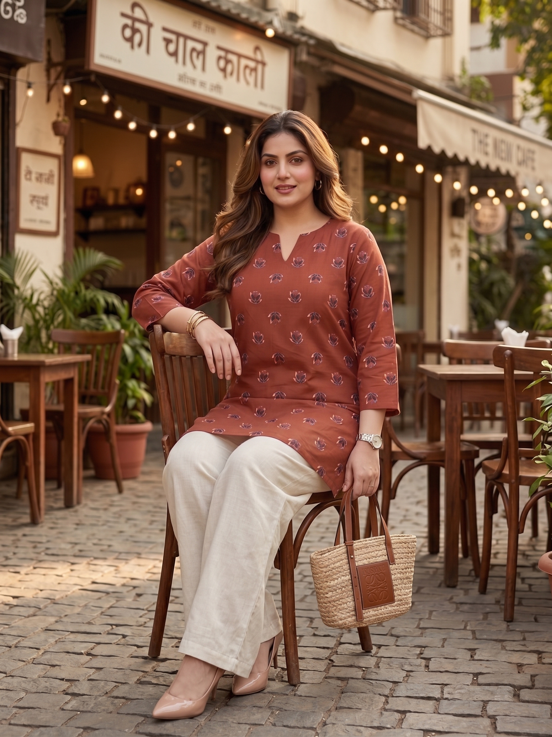 Plus Size Rust Printed Cotton Top for Women | Casual Straight Kurti Top