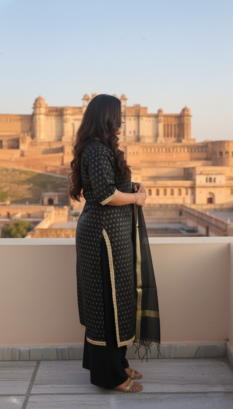 Plus Size Black & Gold Festive Benarasi Kurta Set with Chanderi Dupatta(Set of 3)