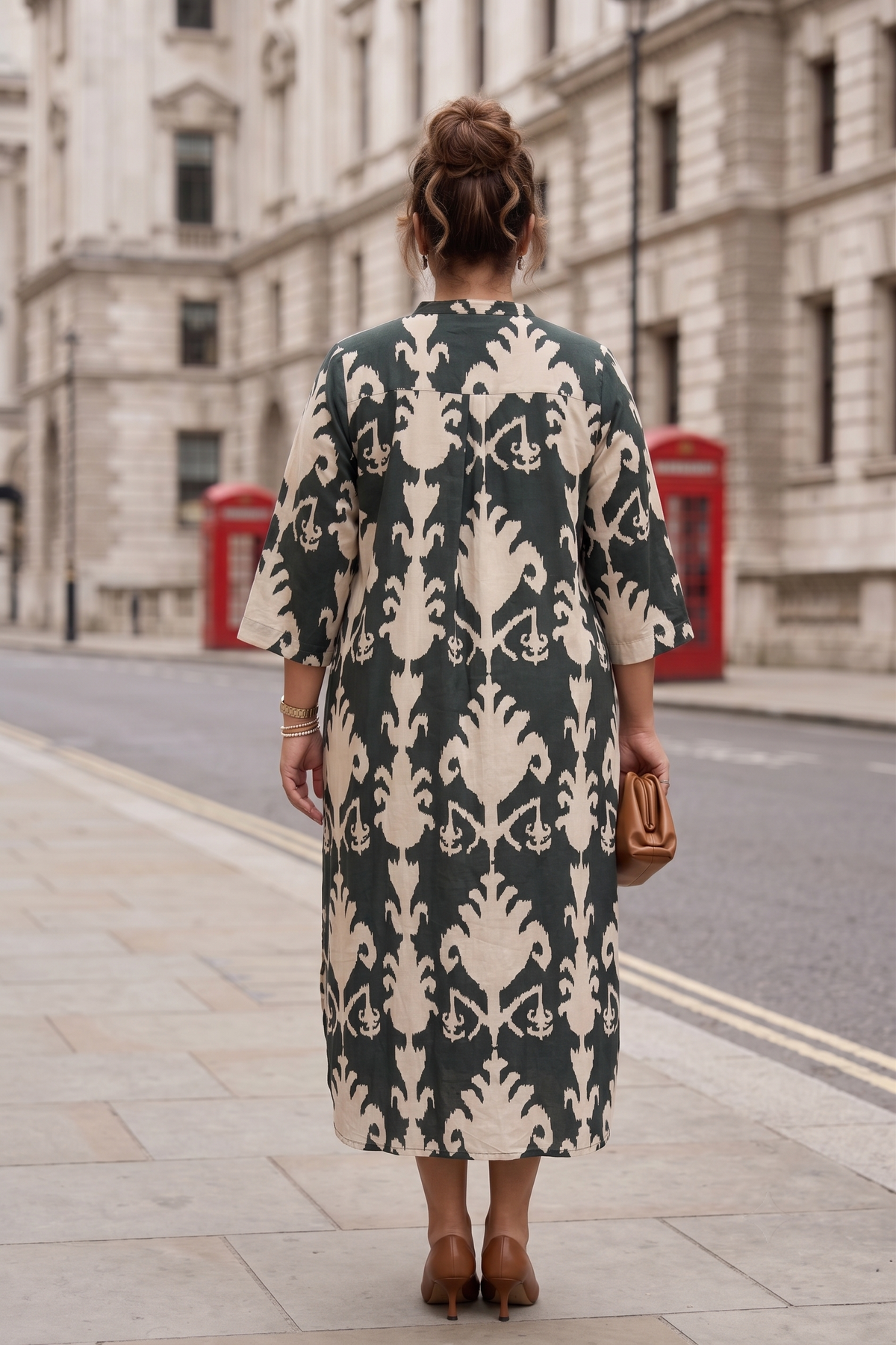 Dark Green Ikat Print 100% Cotton Shirt Dress