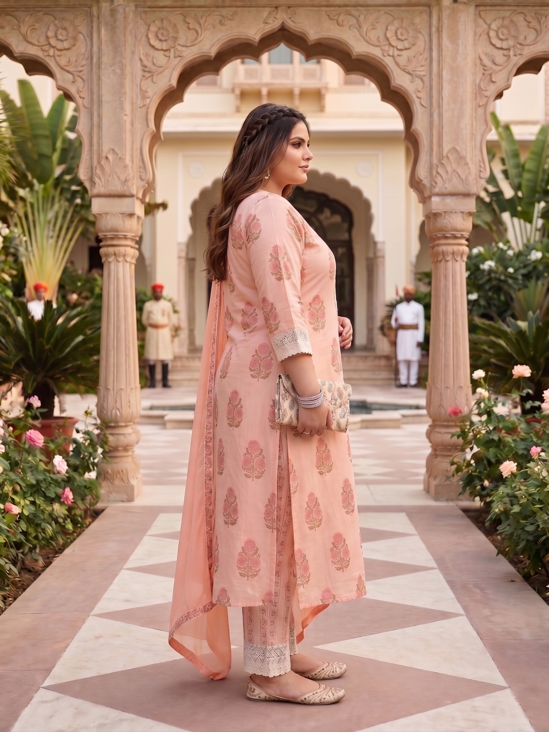 Plus Size Peach Floral Printed Cotton Kurta Set with Chiffon Dupatta | Women's Ethnic Suit Set