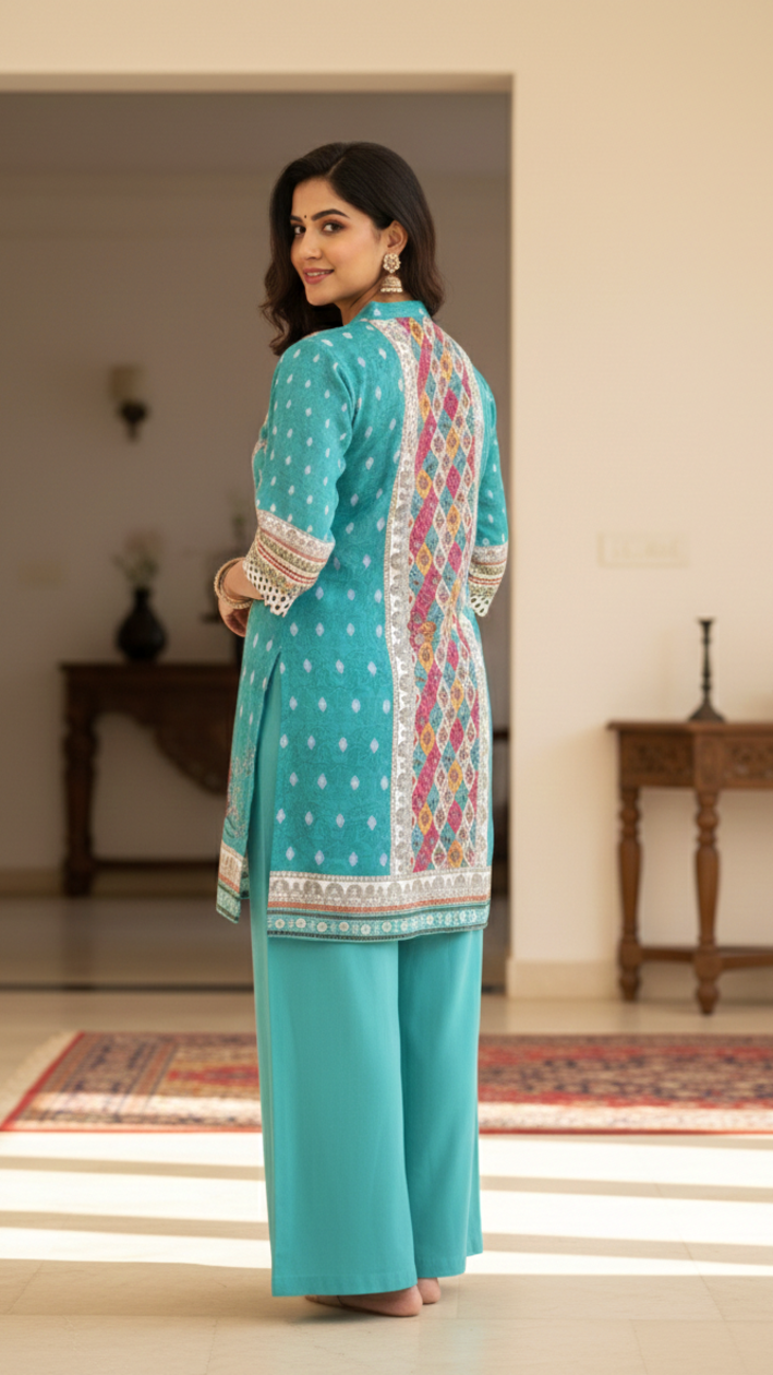 Plus Size Women’s Digital Print Satin Kurti Set with Palazzo – Elegant Ethnic Wear