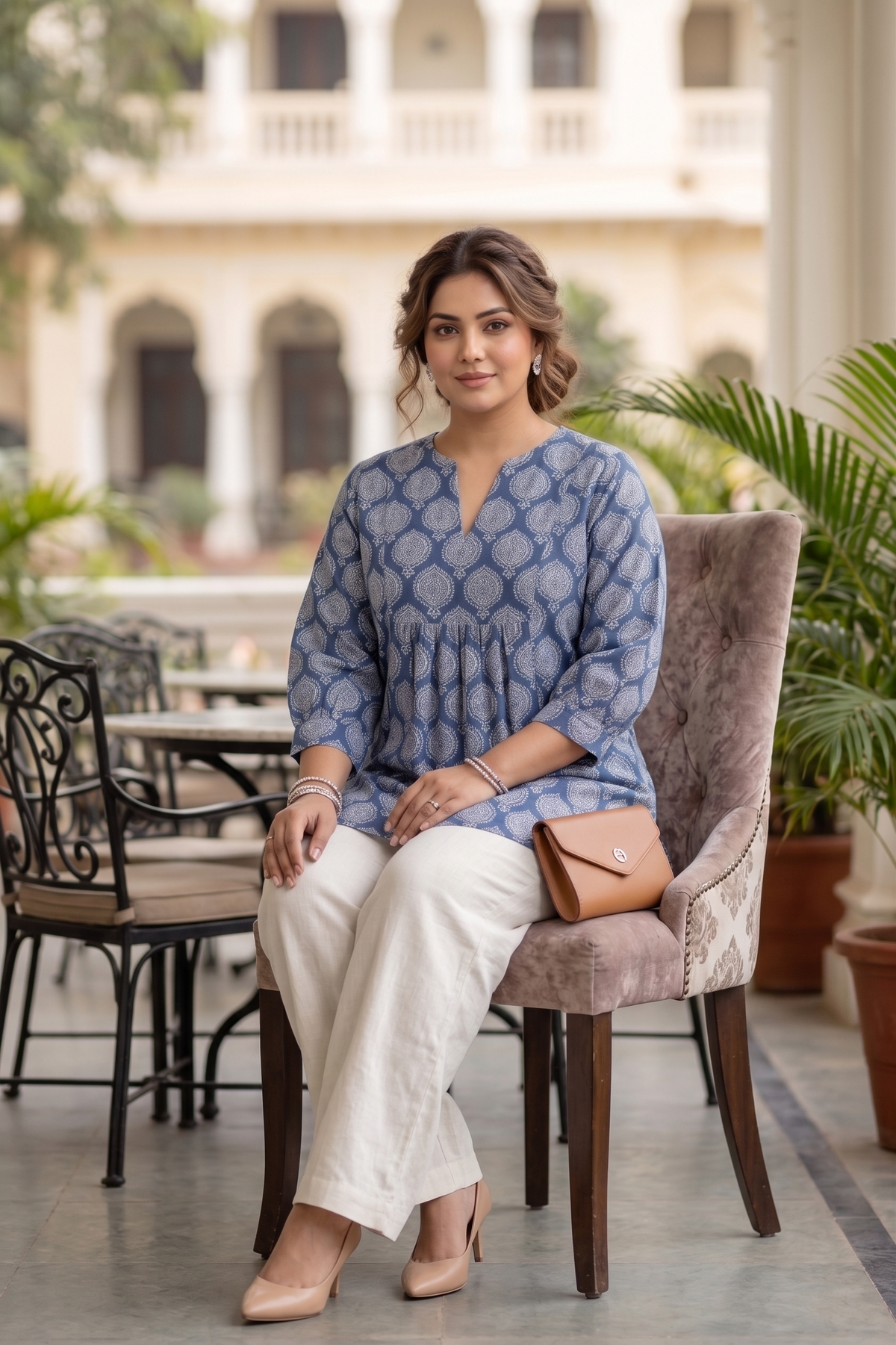 Indigo Blue Boota Print Cotton Peplum Top