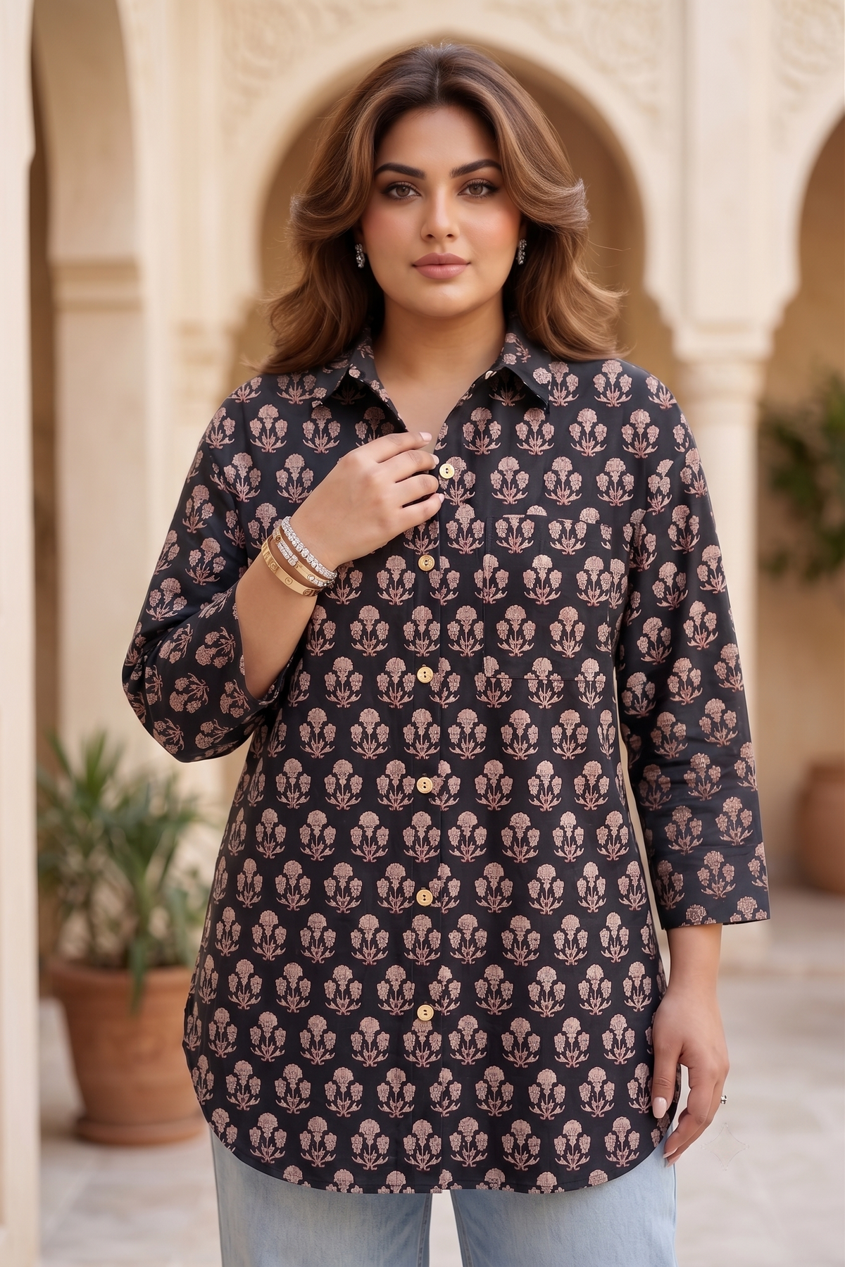 Plus Size Black 100% Cotton Printed Shirt for Women | Relaxed Fit Casual Button-Down Shirt