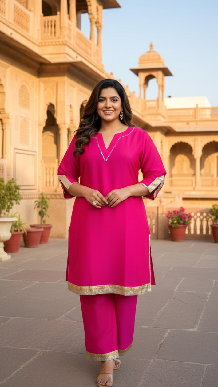 Plus Size Rani Pink Taffeta Straight Kurta Set with Gold Gota Work For Women