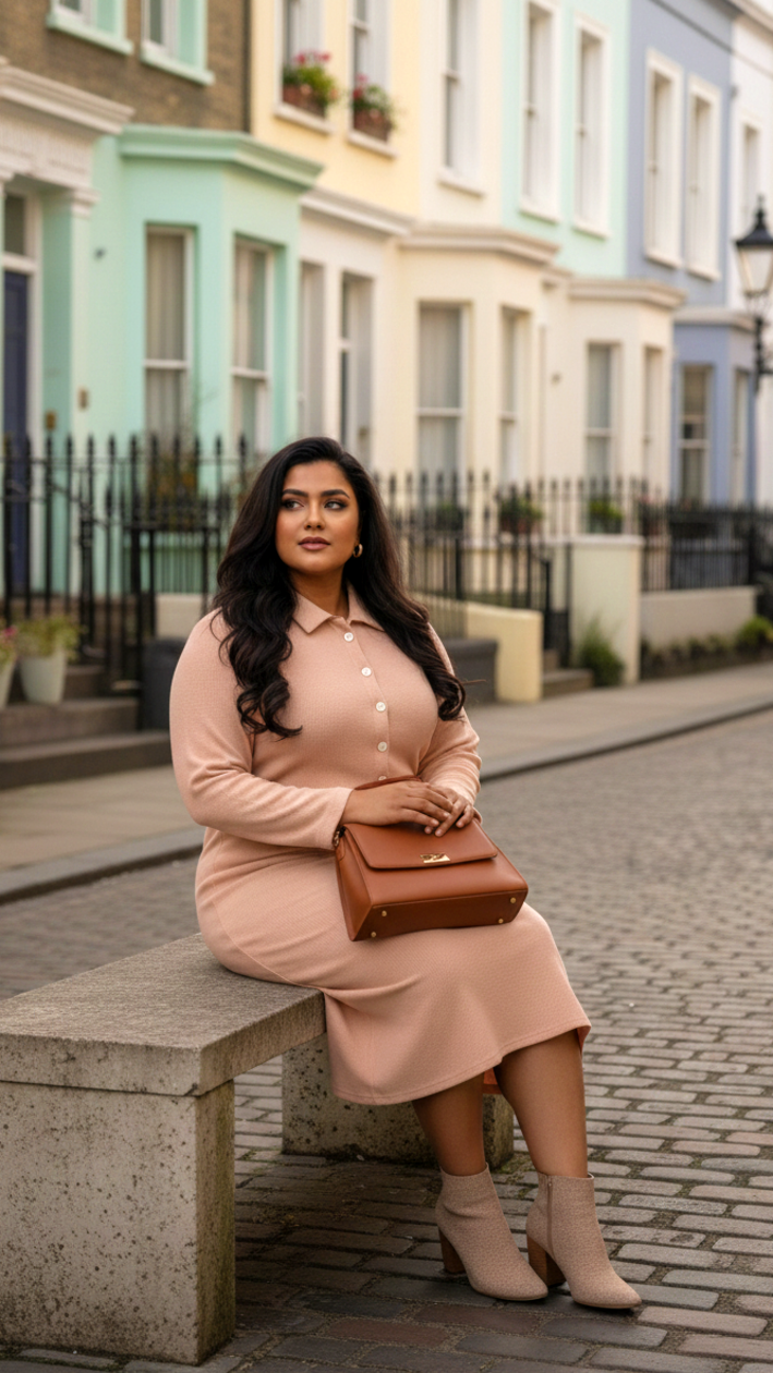 Plus Size Mini Waffle Collared Button Detail Knit Midi Dress