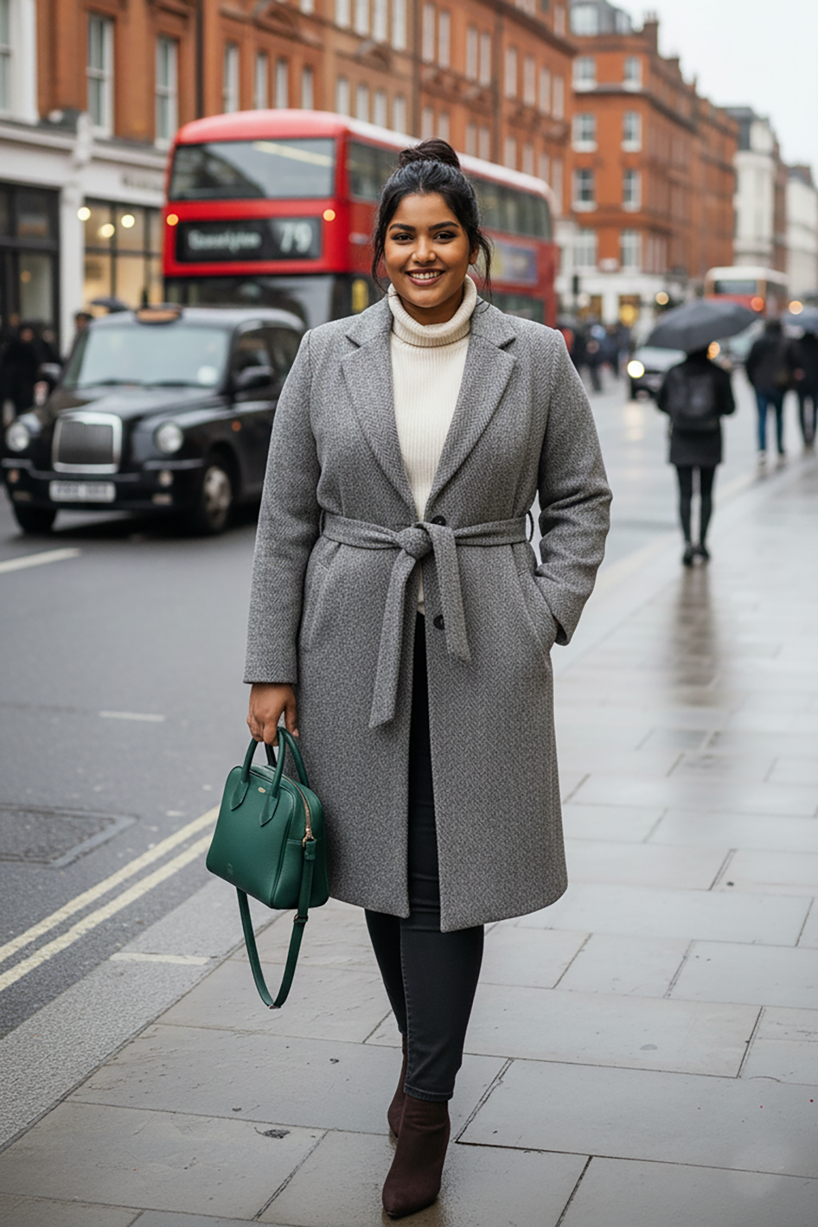 Plus Size Elegant Grey Wool-Blend Long Coat with Belt