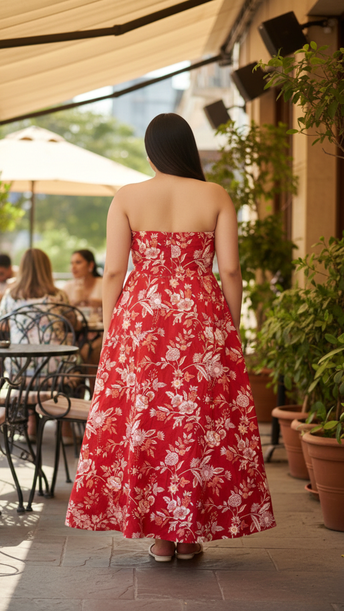 Plus Size Women’s Red Floral Cotton Strapless Maxi Dress