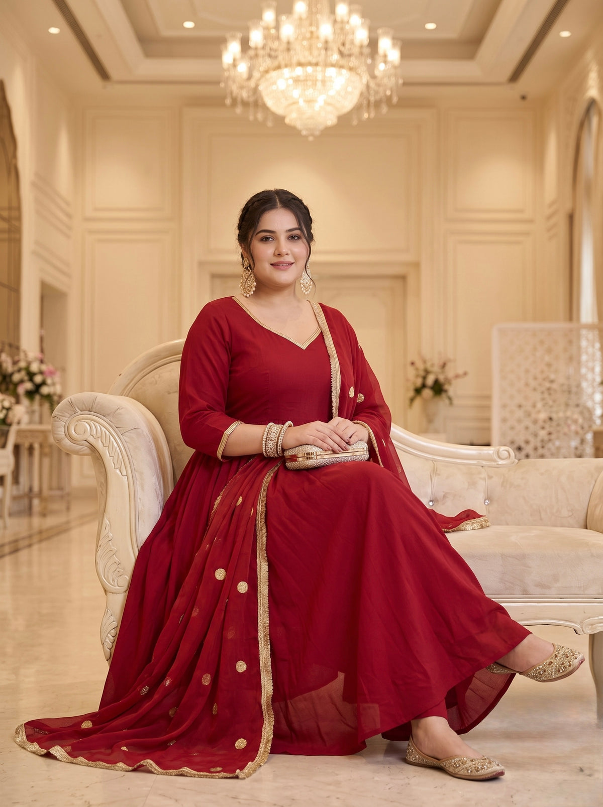 Plus Size Maroon Cotton Anarkali Kurta Suit Set with Gotta Patti(set of 3)