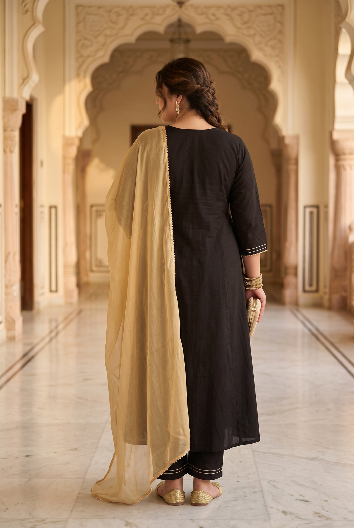 Black Gold Cambric Kurta Pant Set with Chiffon Dupatta (Set of 3)