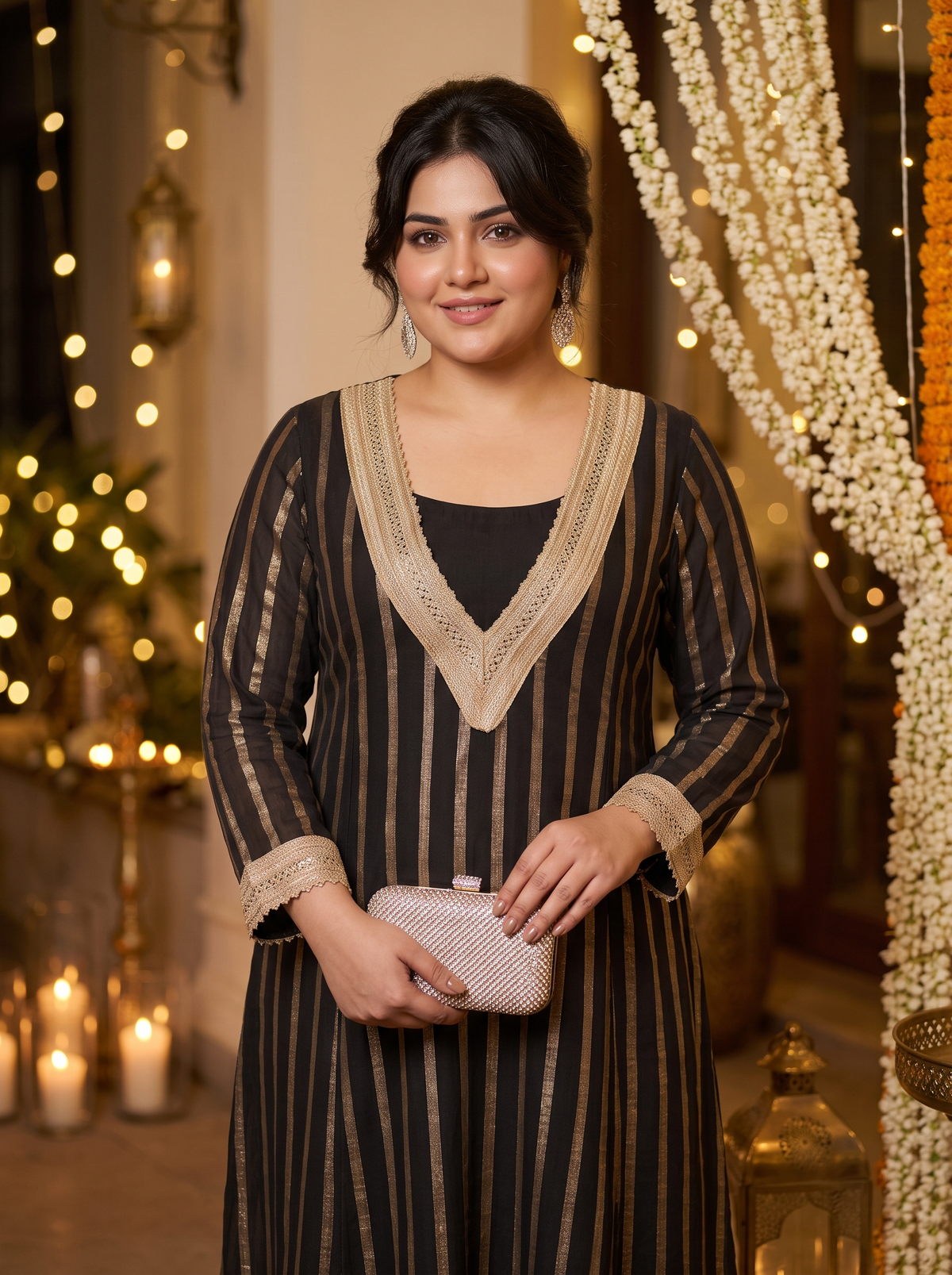 Plus Size Black Golden Ethnic Partywear Kurta & Pants Set for Women