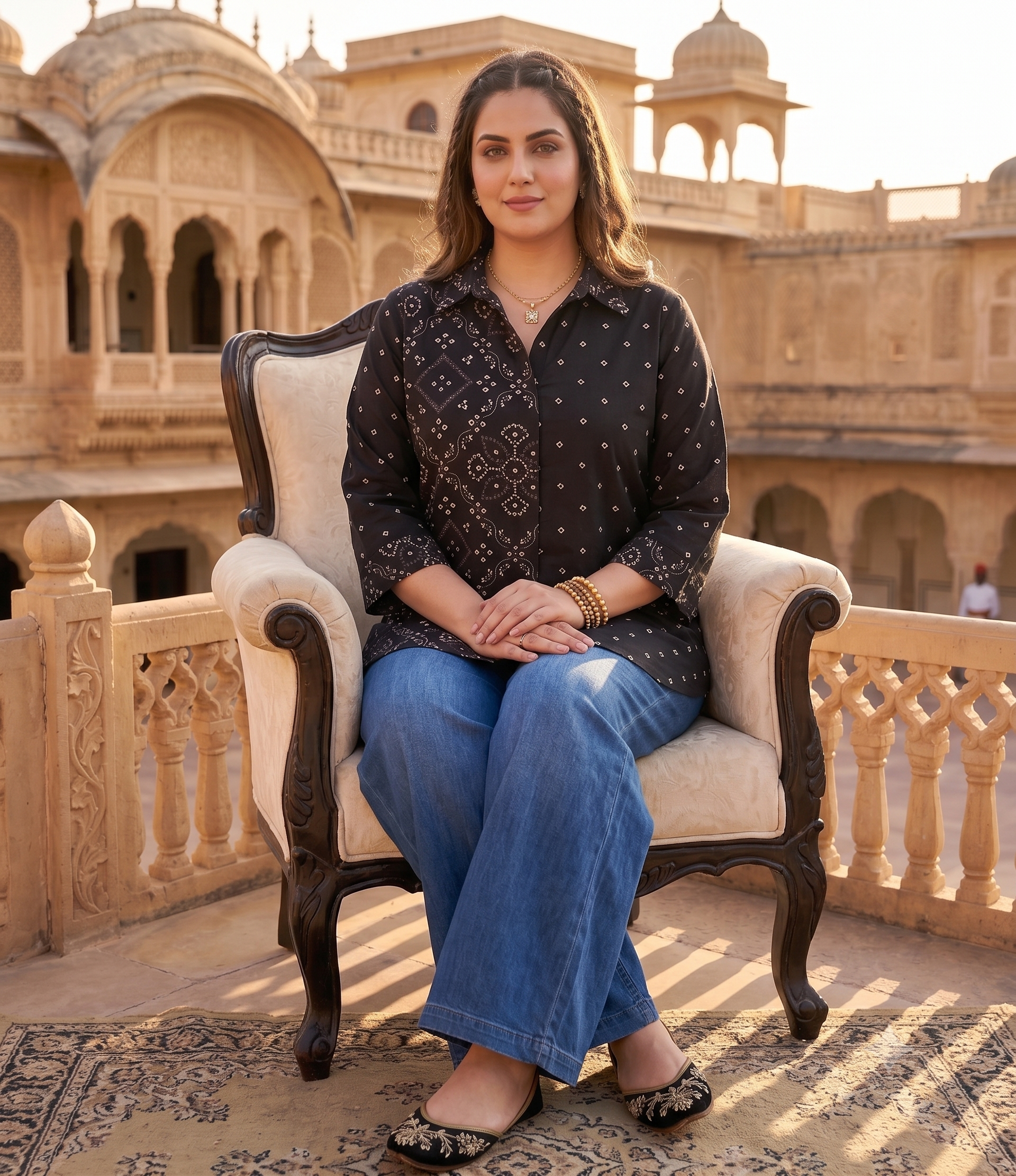 Plus Size Black Bandhani Printed Cotton Shirt for Women | Collared Button-Down Casual Shirt