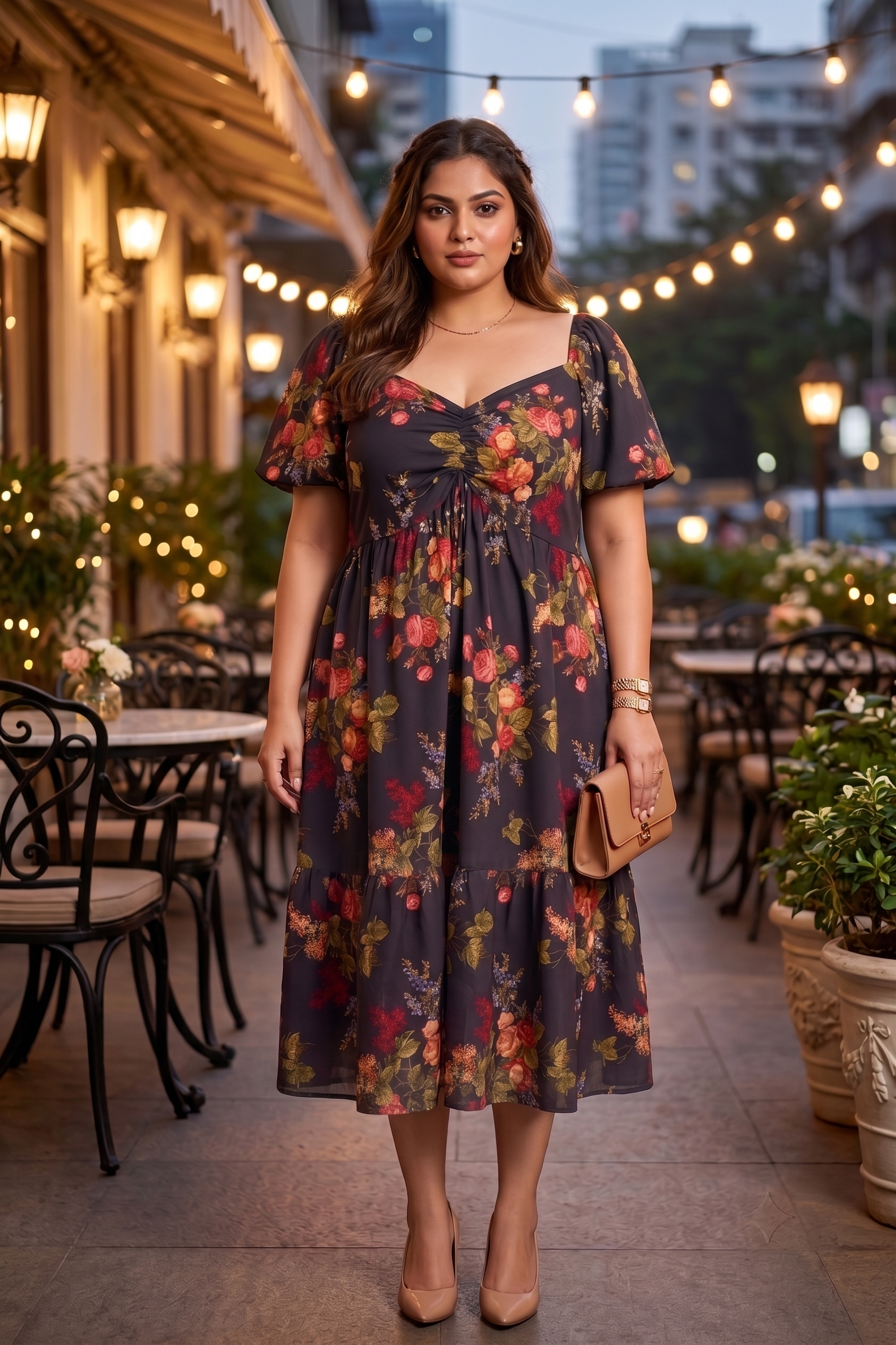 Black Floral Print Muslin Midi Dress