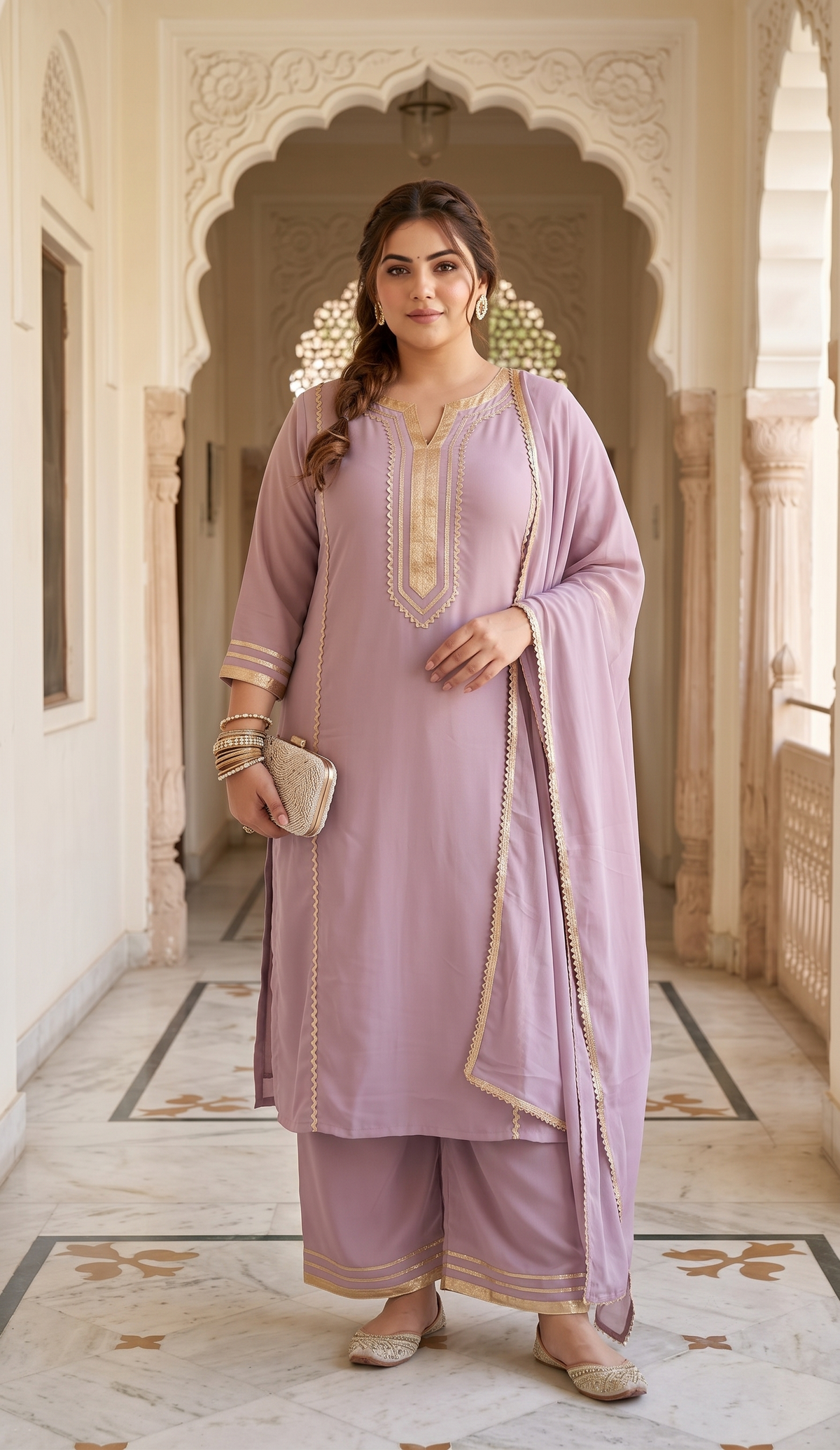 Plus Size Lavender Viscose Dupatta Set – Lace Embellished Kurta, Pant & Dupatta