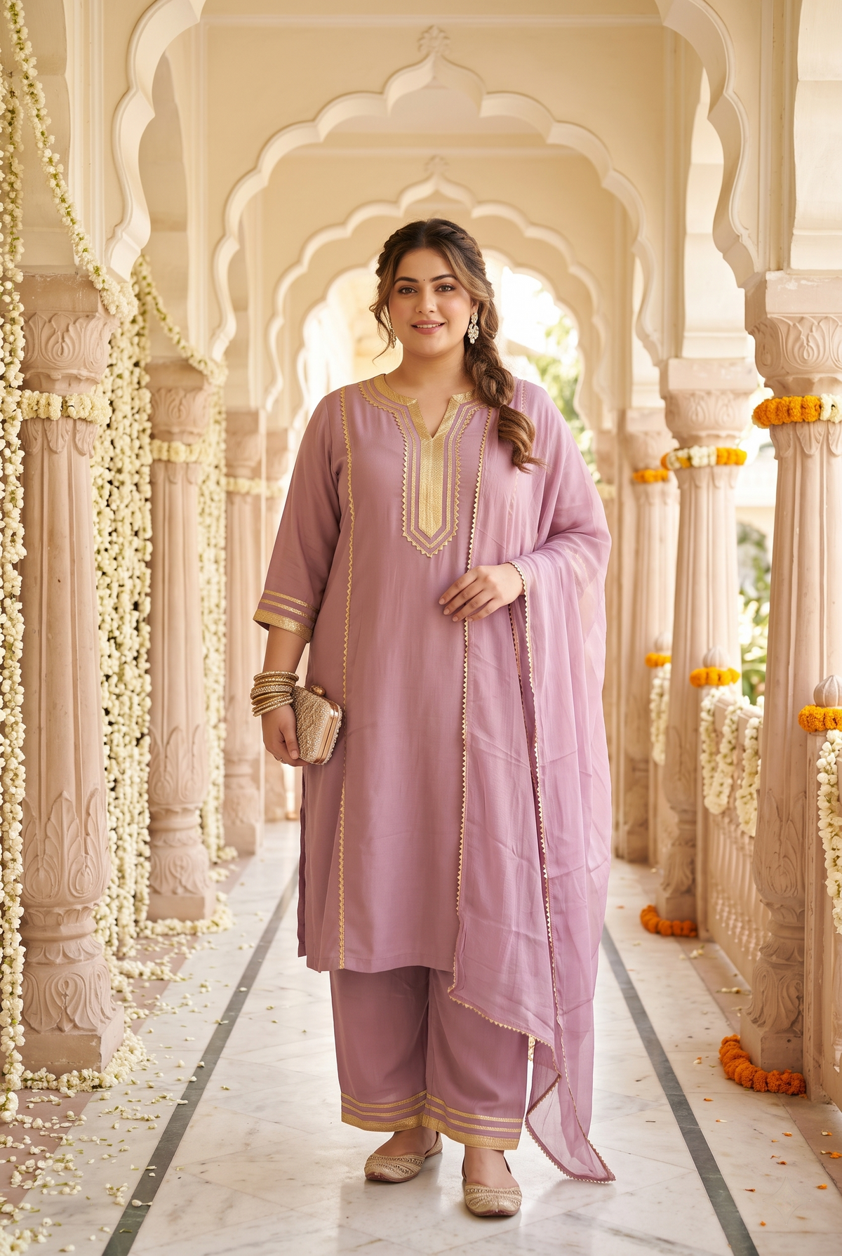 Plus Size Lavender Viscose Dupatta Set – Lace Embellished Kurta, Pant & Dupatta