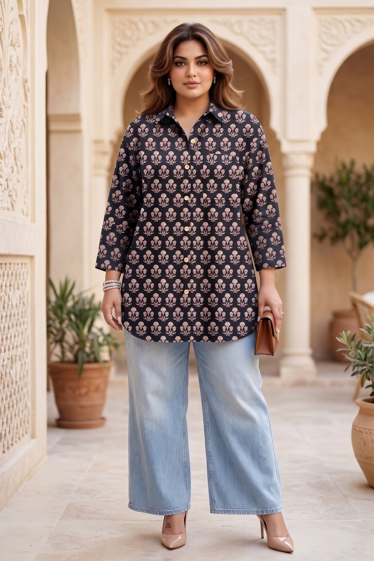 Plus Size Black 100% Cotton Printed Shirt for Women | Relaxed Fit Casual Button-Down Shirt