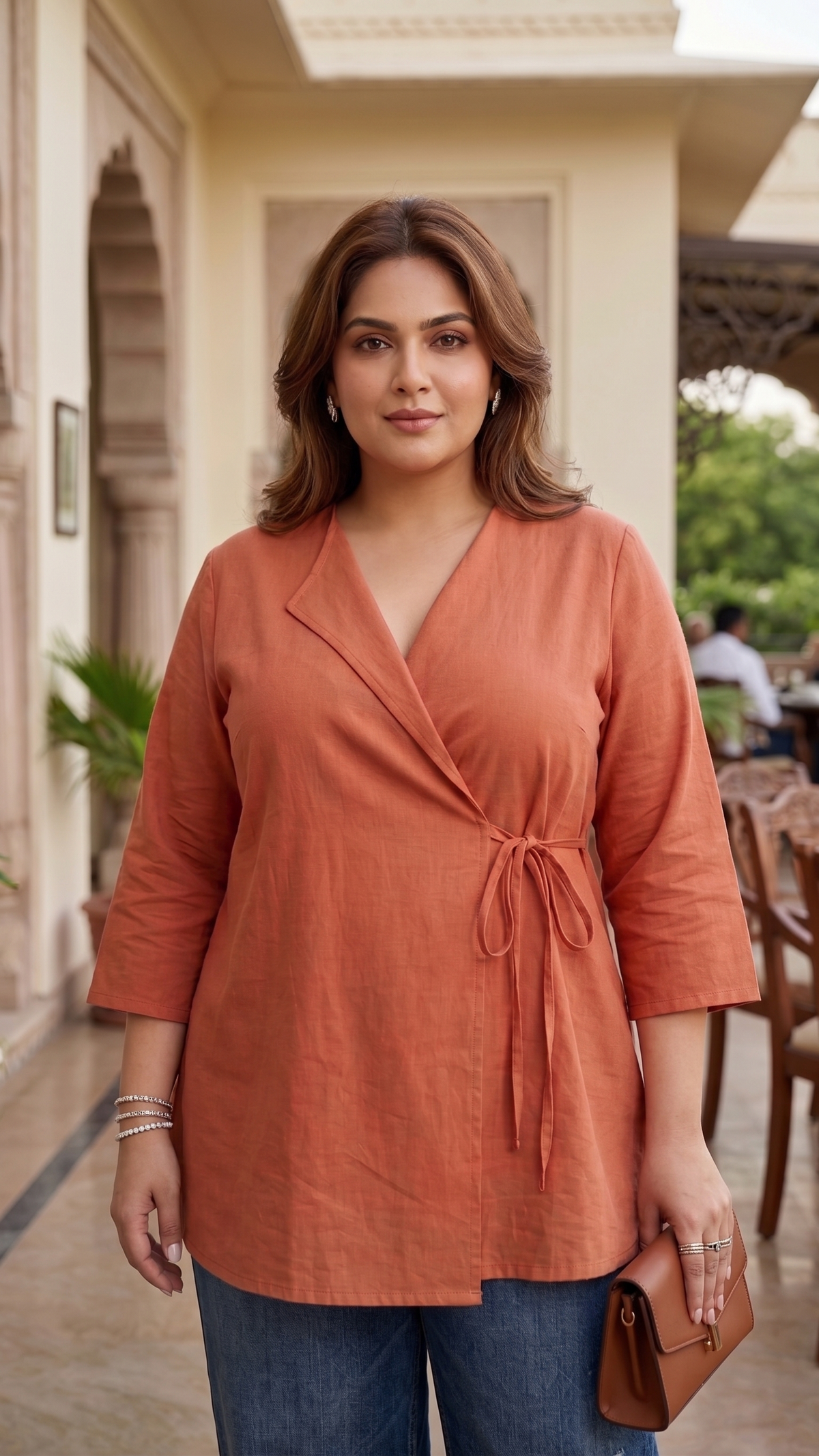 Plus Size Coral Linen Wrap Top for Women – Comfortable Everyday Stylish Top