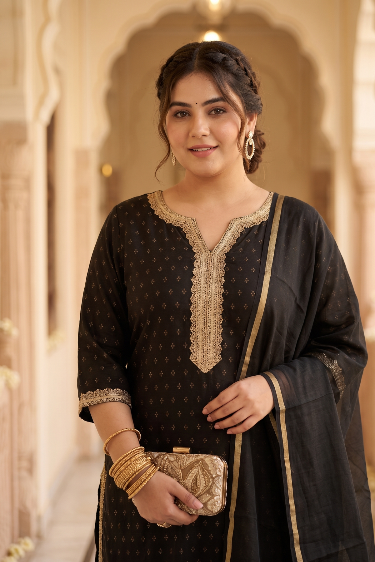 Plus Size Black & Gold Festive Benarasi Kurta Set with Chanderi Dupatta(Set of 3)