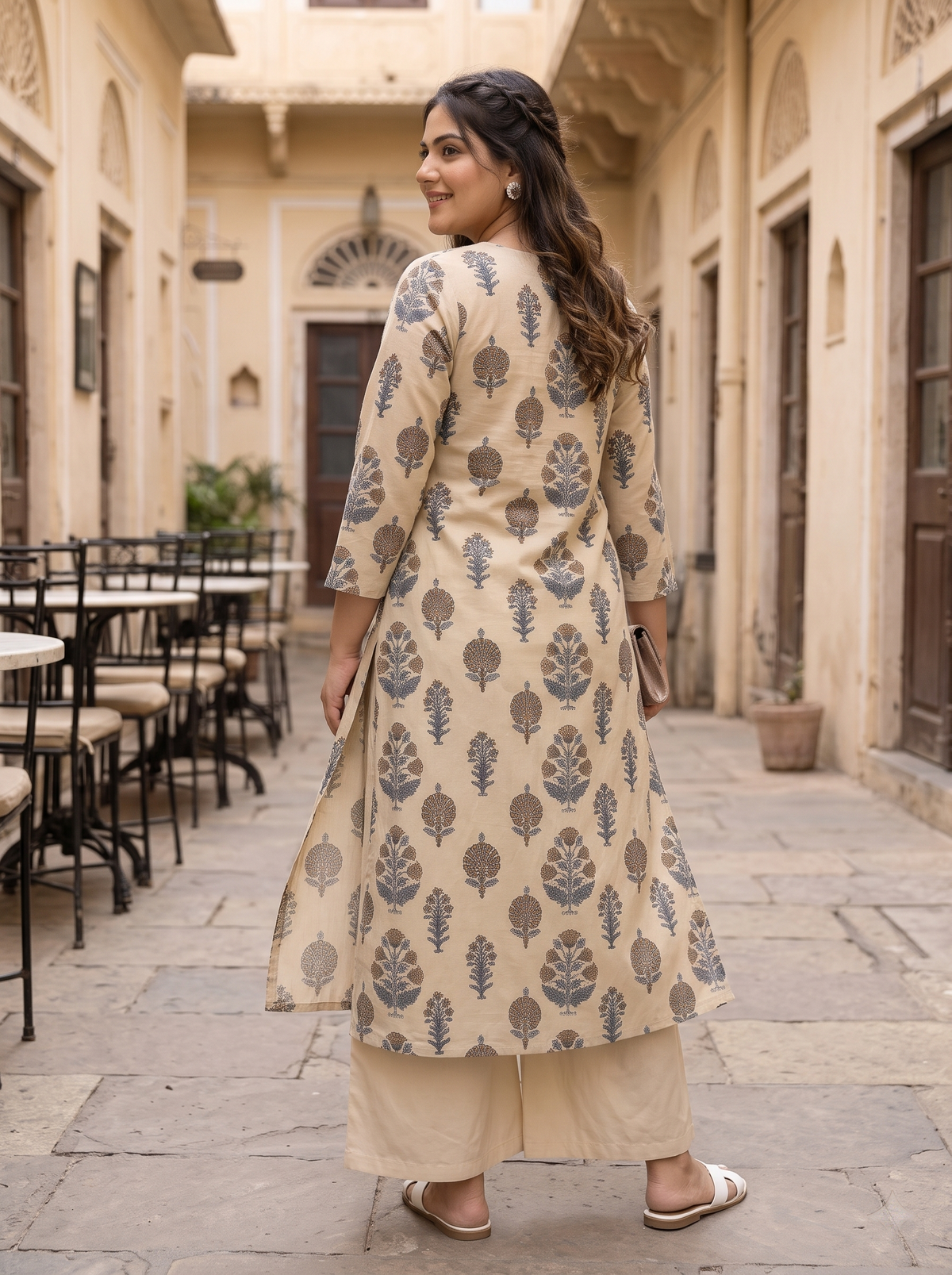 Plus Size Cream Floral Printed 100% Cotton Kurta for Women | V-Neck Straight Fit Kurta