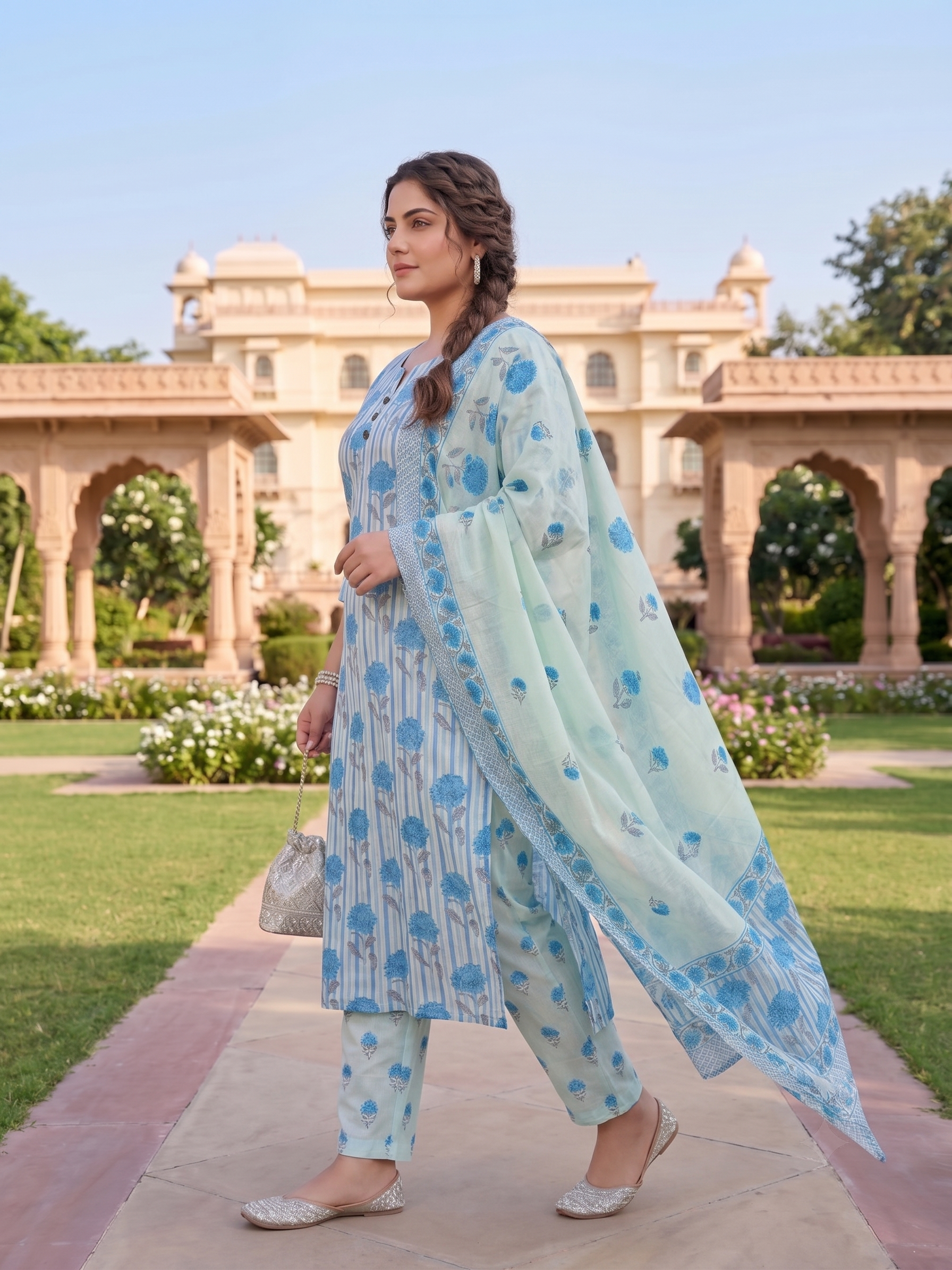 Plus Size Sky Blue Cotton Printed Kurta Set with Dupatta