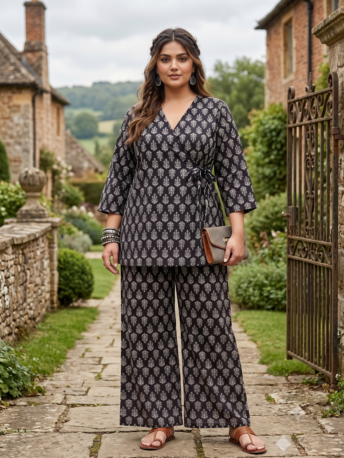 Plus Size Black Closed Angrakha 100% Cotton Printed Tie-Up Co-ord Set