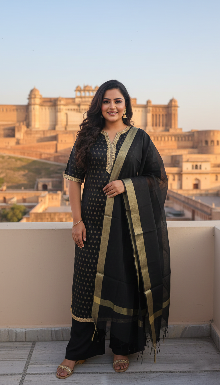 Plus Size Black & Gold Festive Benarasi Kurta Set with Chanderi Dupatta(Set of 3)