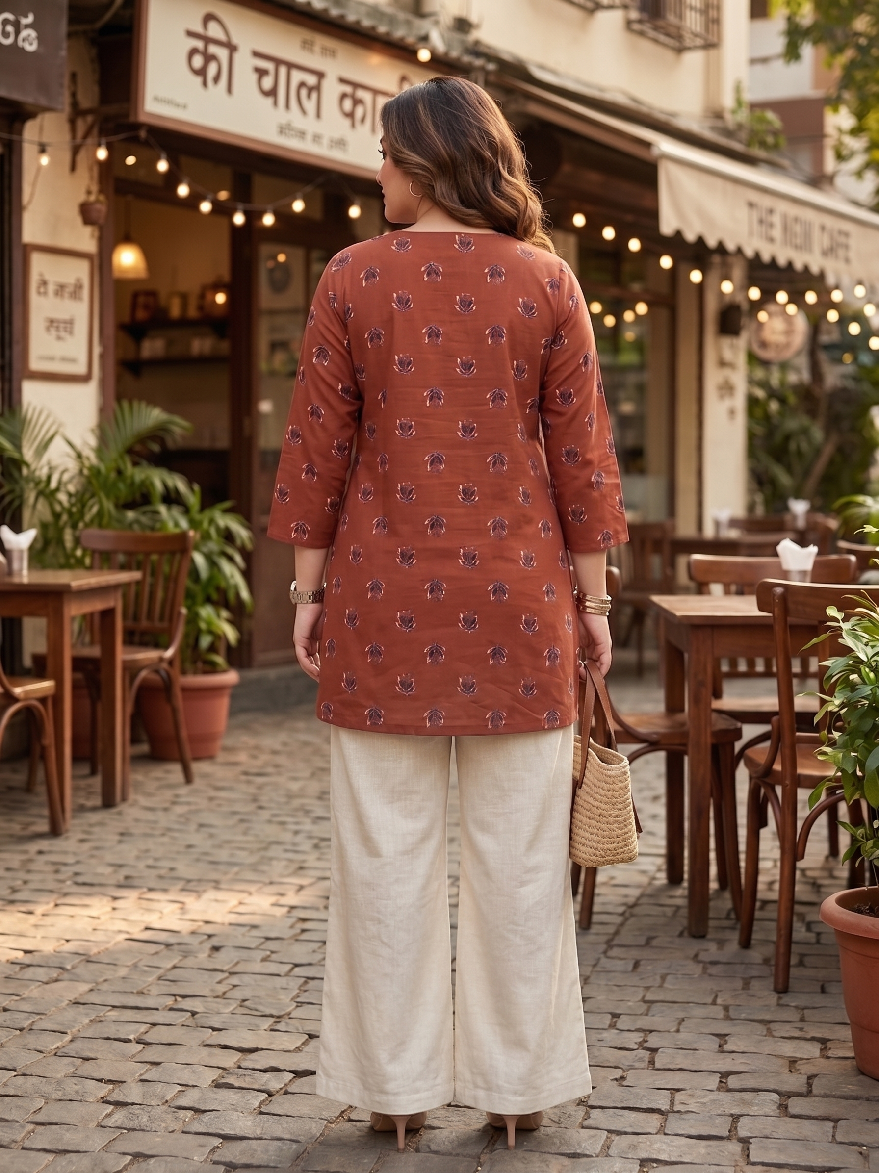 Plus Size Rust Printed Cotton Top for Women | Casual Straight Kurti Top