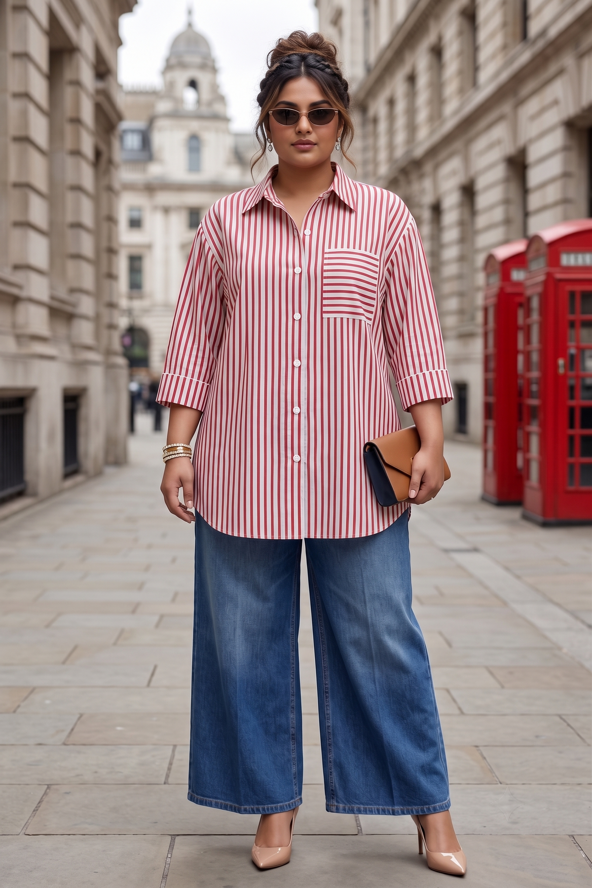 Plus Size Red Striped Casual Button Down 100% Cotton Long Shirt