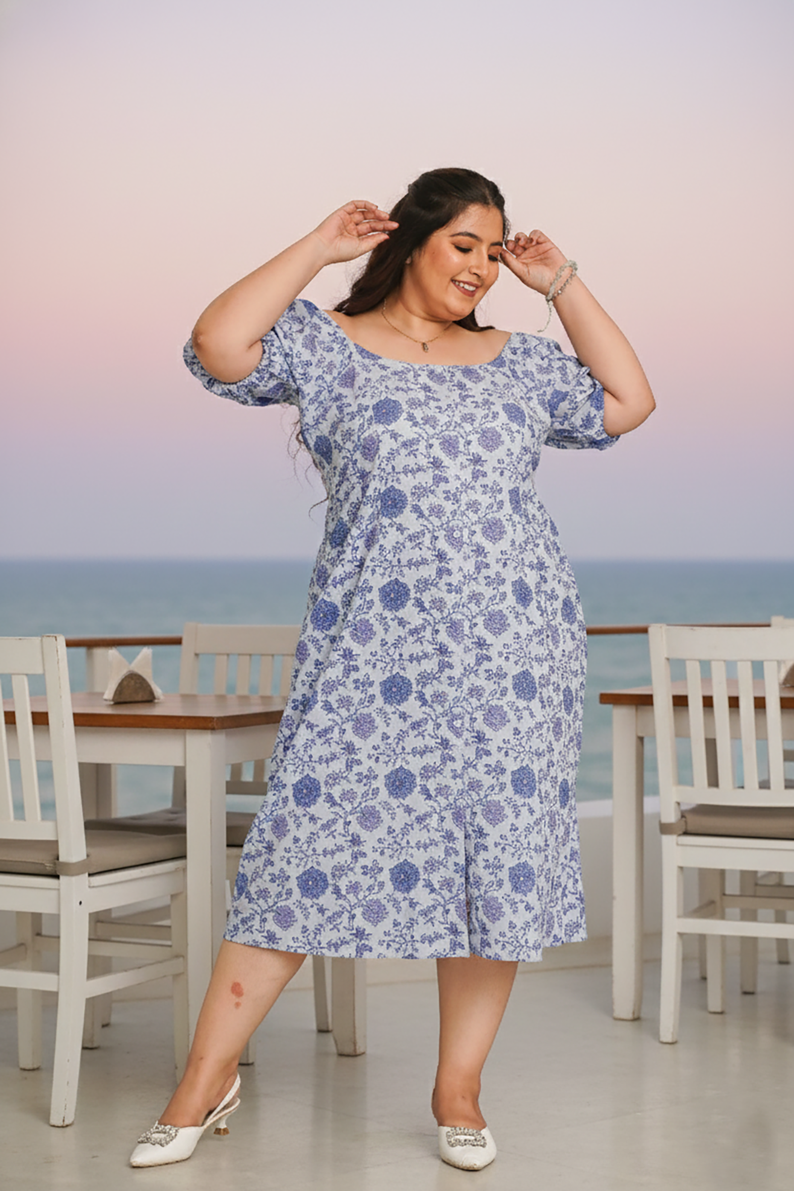 Ice Blue Gaga Printed Cotton Dress