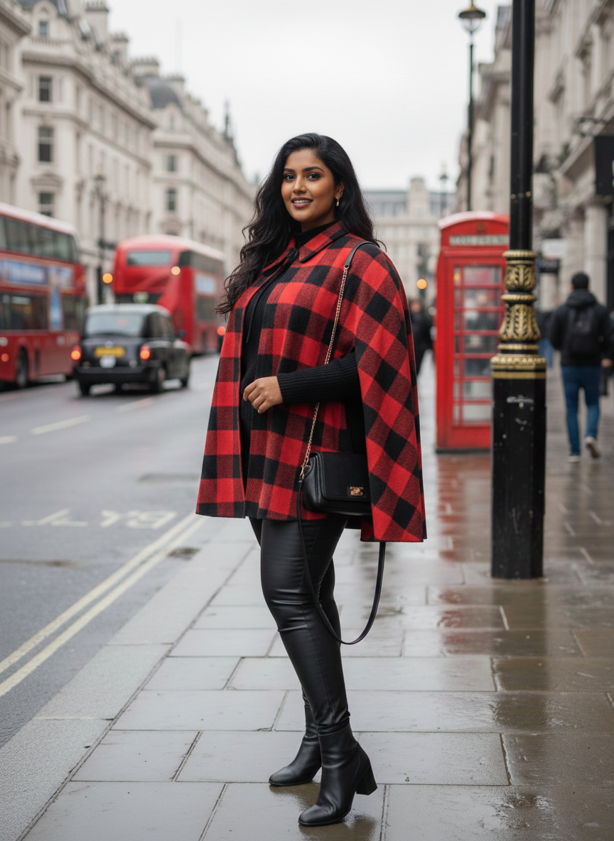 Plus Size Red Black Plaid Woolen Cape/Poncho for Women