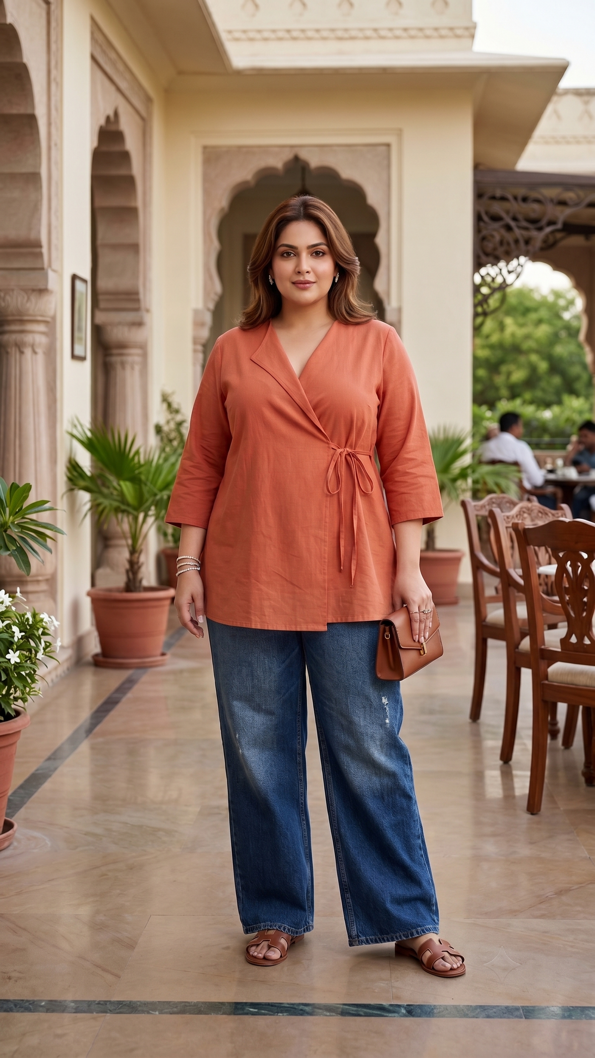 Plus Size Coral Linen Wrap Top for Women – Comfortable Everyday Stylish Top