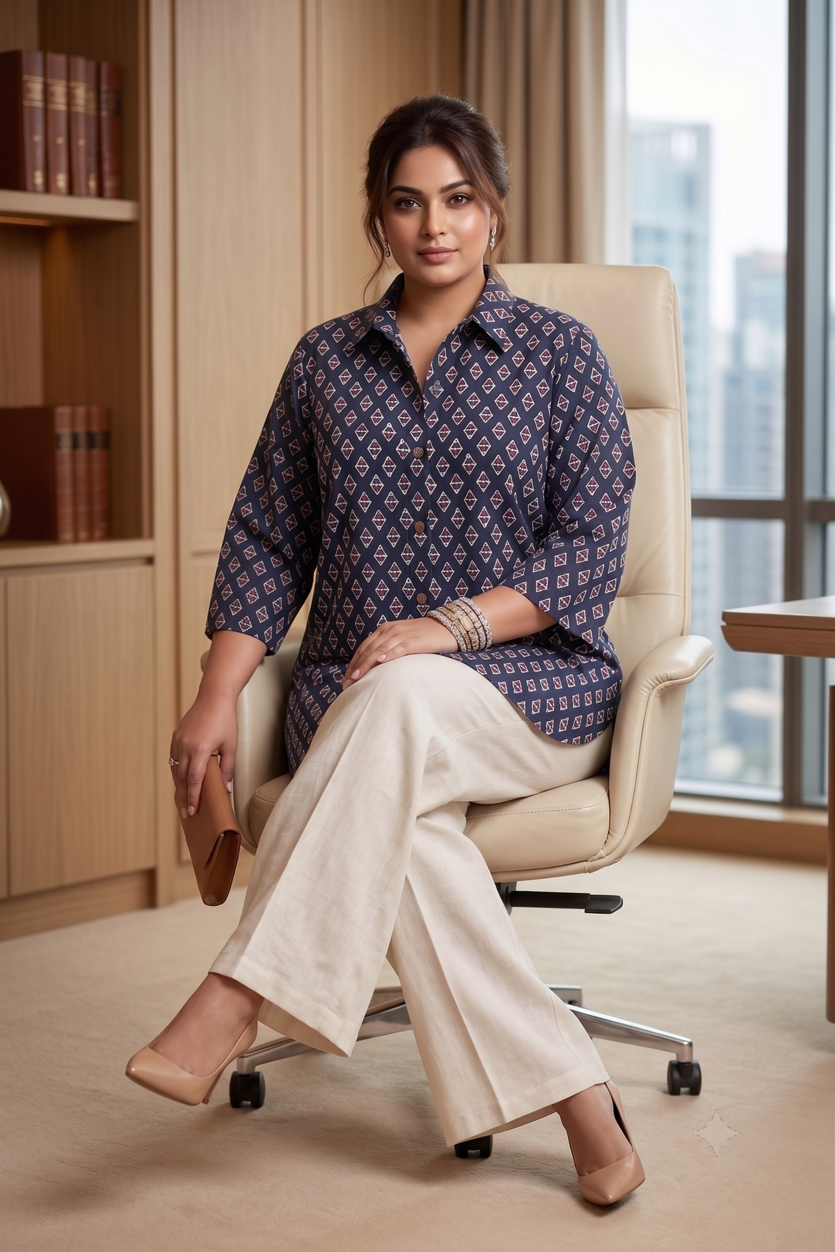Plus Size Blue 100% Cotton Printed Shirt for Women