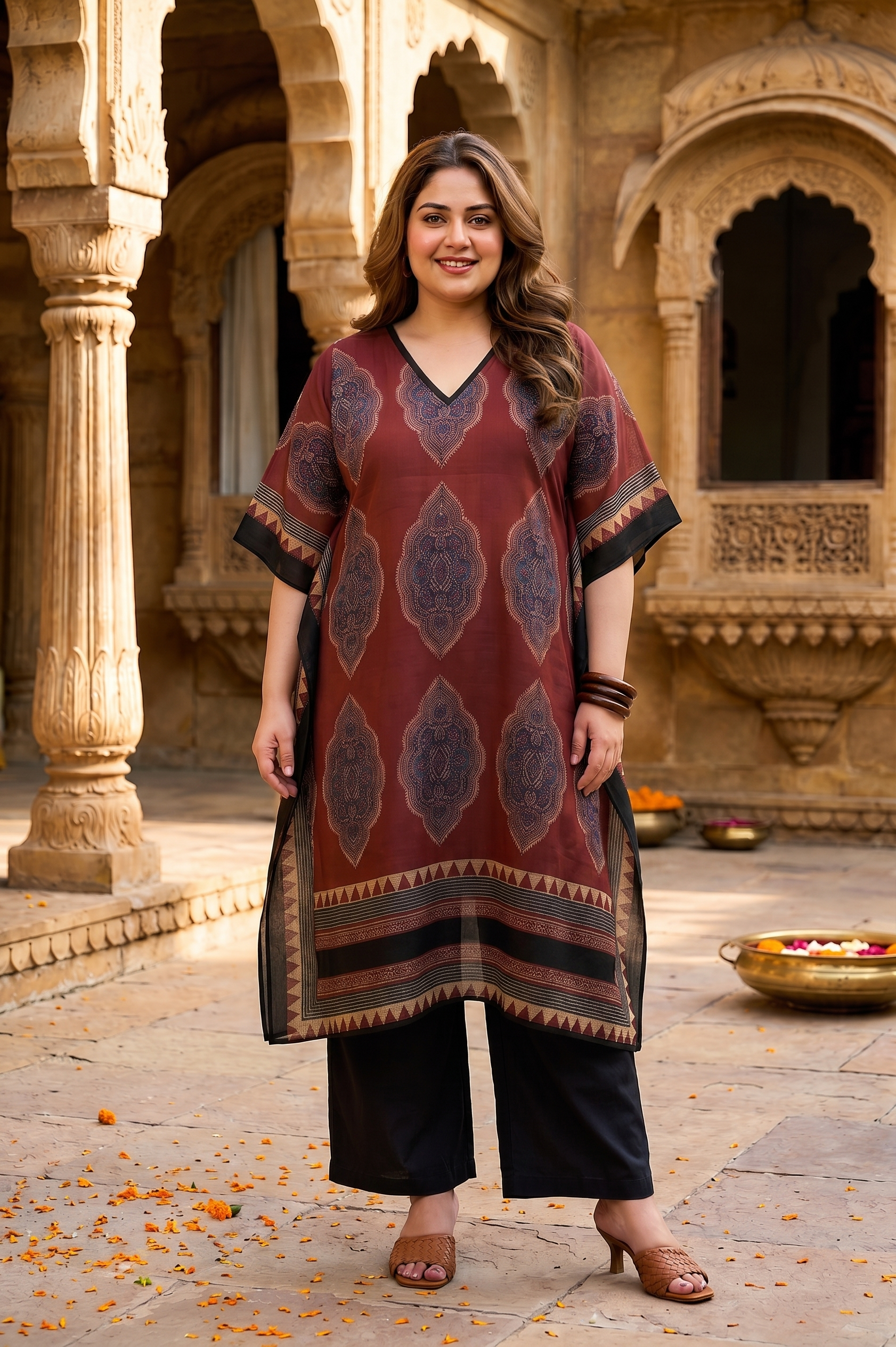 Rust Kaftan Printed Ethnic Co-Ord Set For Women
