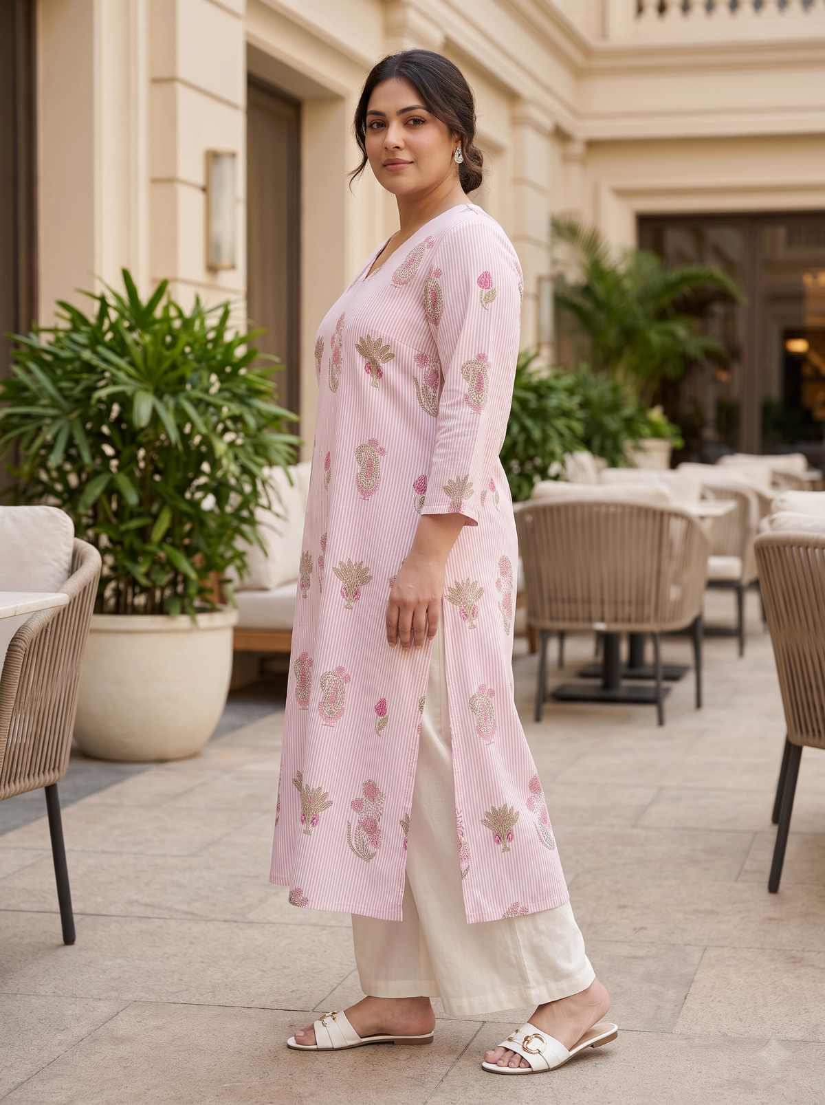 Plus Size Pink Floral Printed 100% Cotton Kurta for Women | V-Neck Straight Fit Kurta