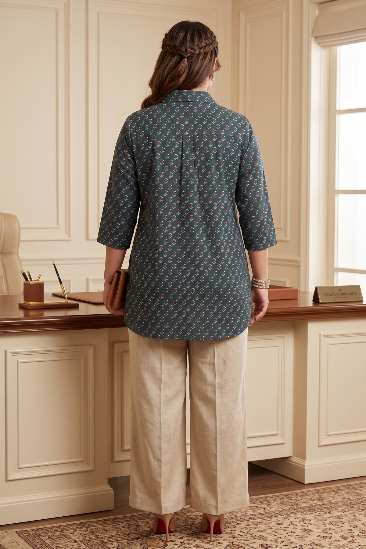 Plus Size Green Printed Cotton Long Shirt for Women – Smart Casual Office Wear Top