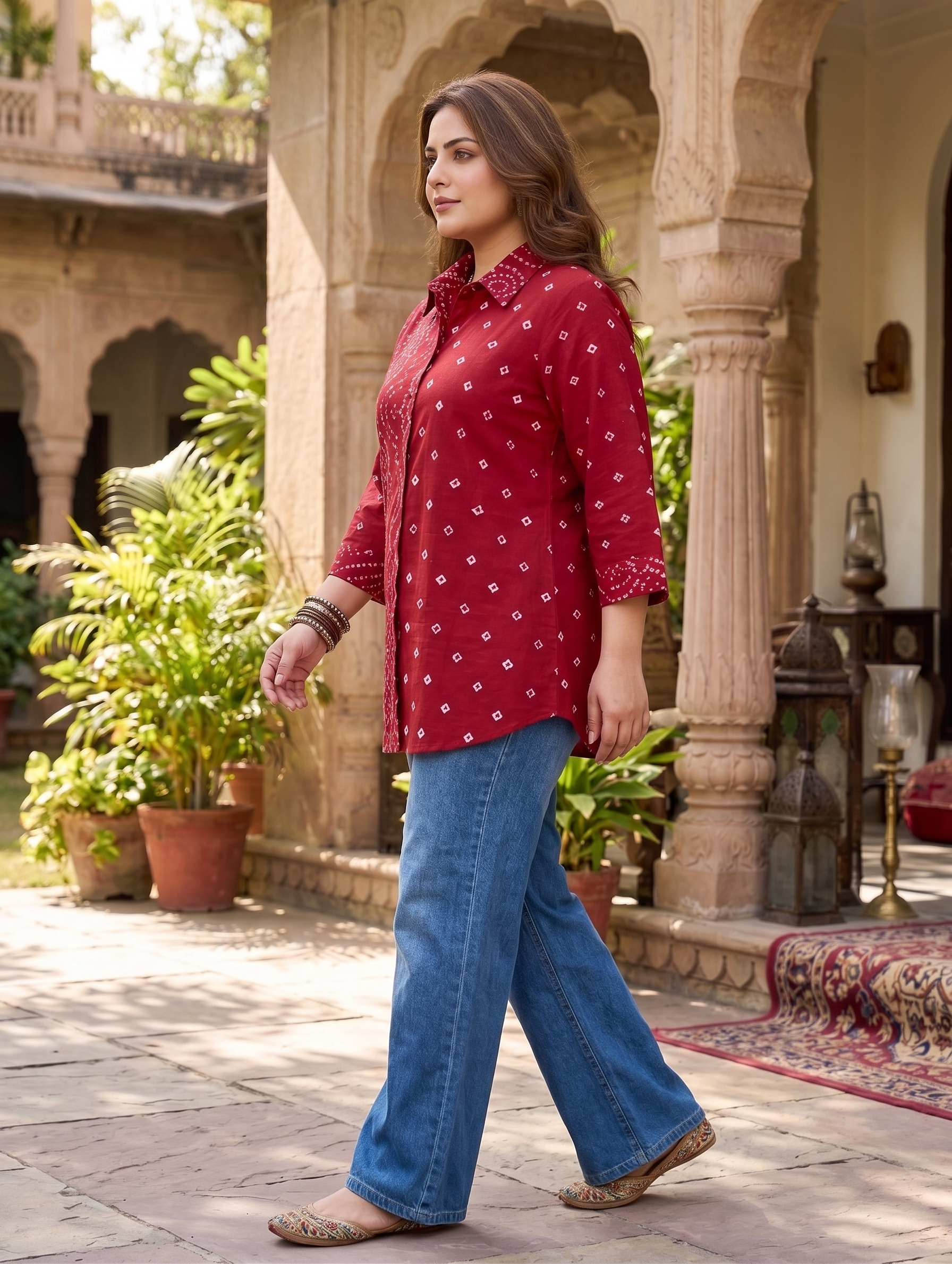 Plus Size Red Bandhani Printed Cotton Shirt for Women | Collared Button-Down Casual Shirt