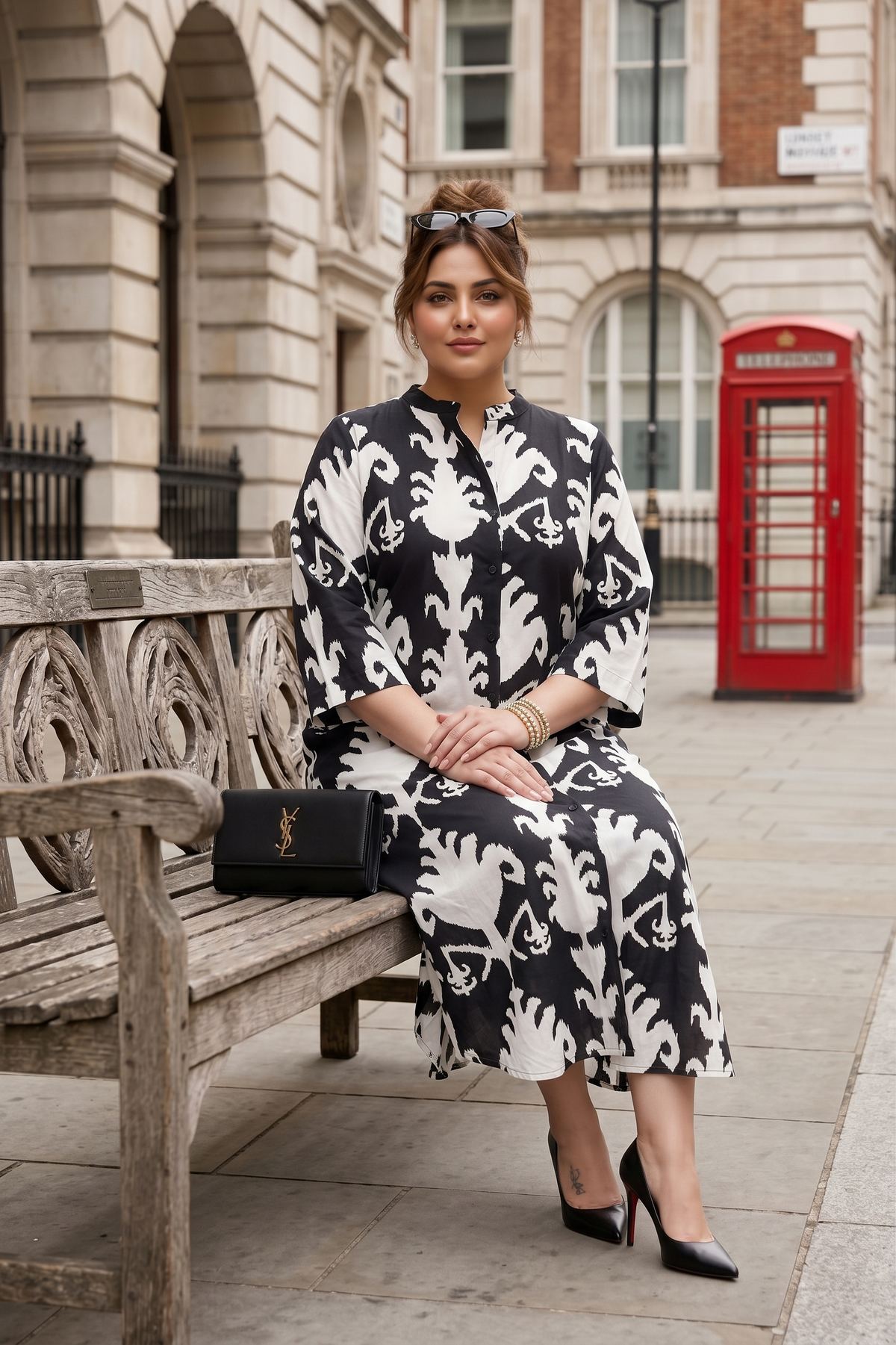 Plus Size Black & White Ikat Print 100% Cotton Shirt Dress