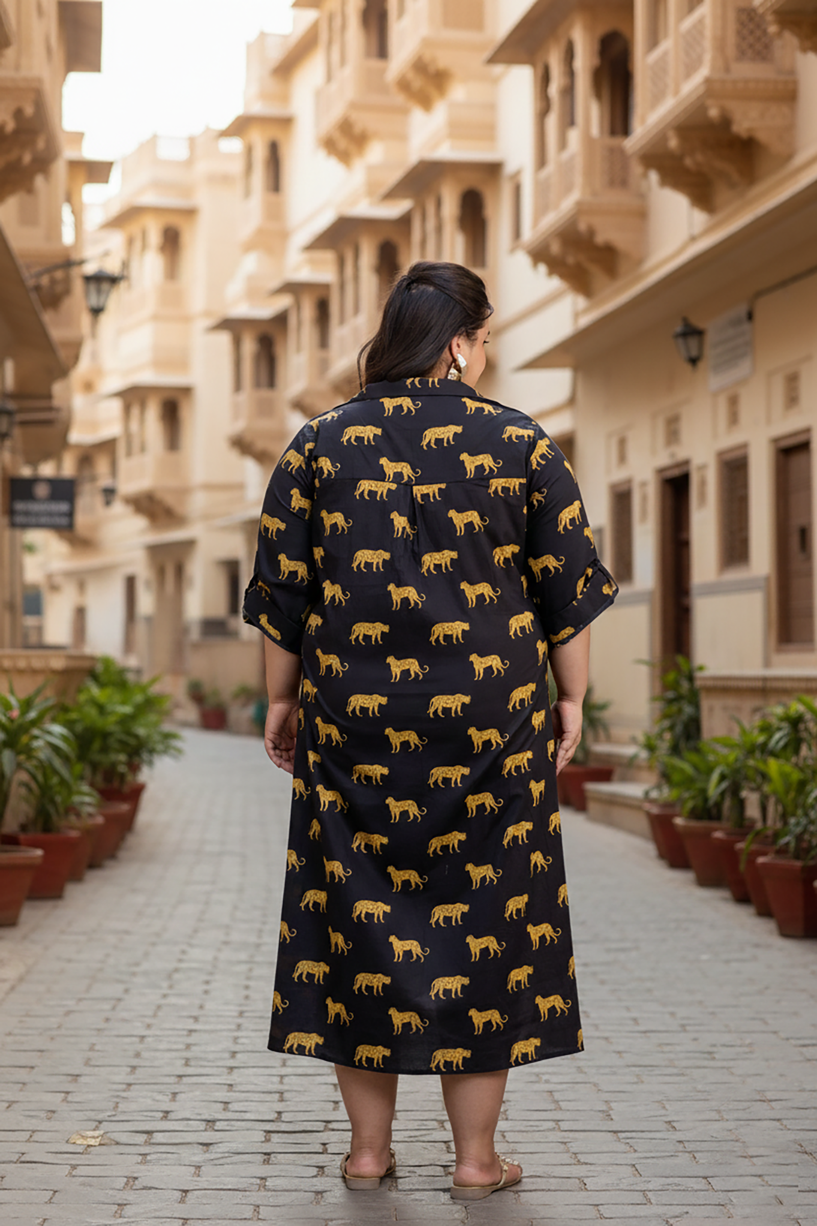 Cheetah Print Cotton Black Shirt Dress