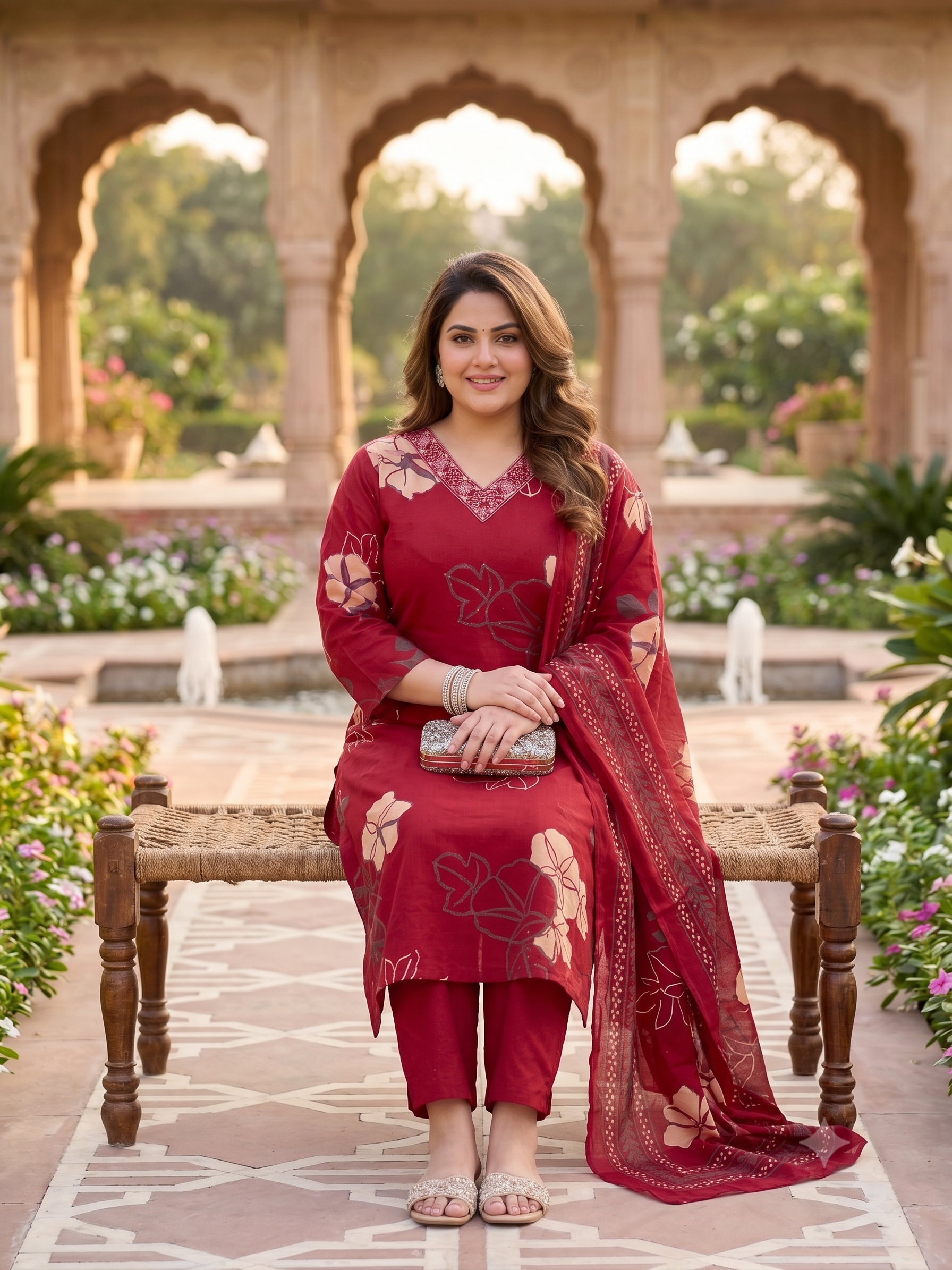 Plus Size Maroon Floral Print Cotton Kurta Set with Dupatta