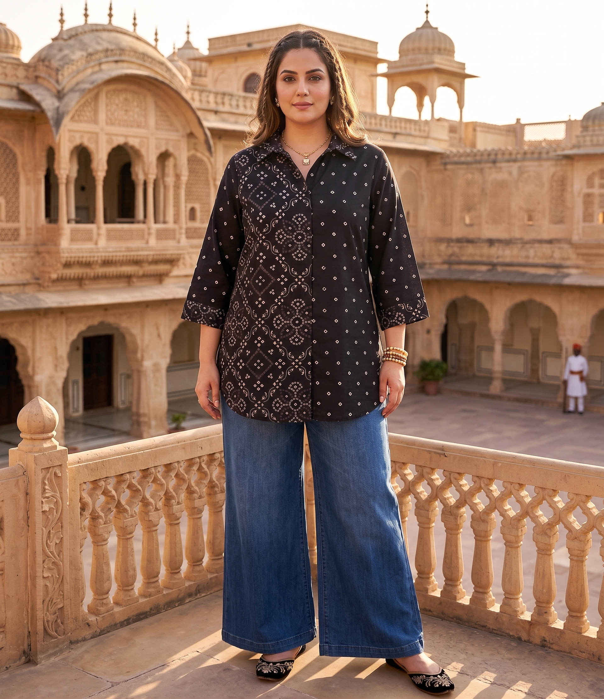 Plus Size Black Bandhani Printed Cotton Shirt for Women | Collared Button-Down Casual Shirt