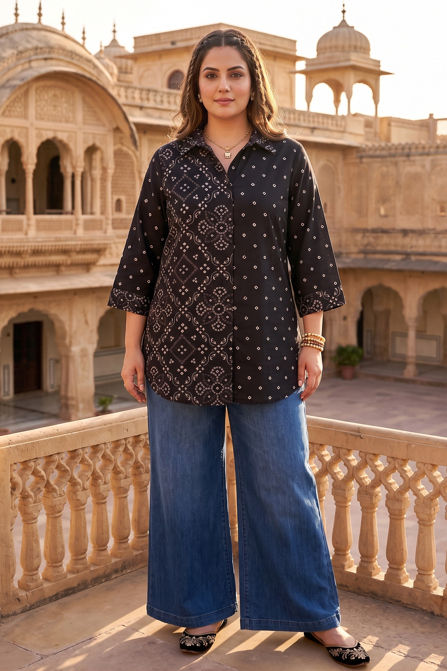 Plus Size Black Bandhani Printed Cotton Shirt for Women | Collared Button-Down Casual Shirt