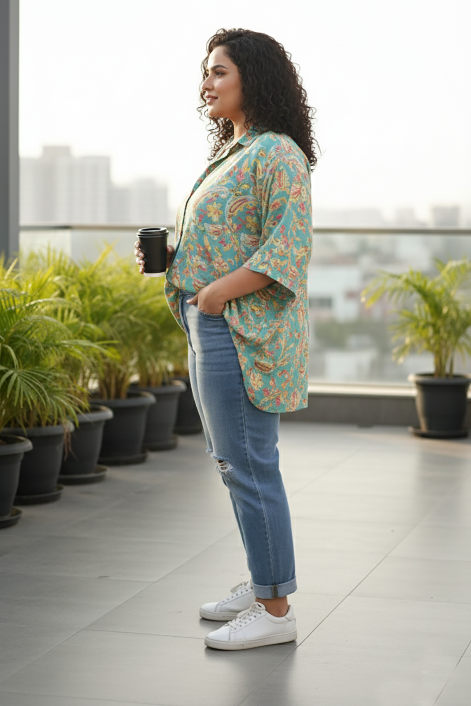 Plus Size Teal Green Floral Print Relaxed Fit Women Shirt