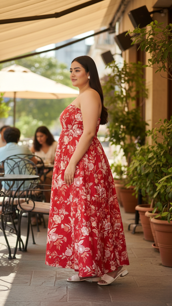 Plus Size Women’s Red Floral Cotton Strapless Maxi Dress