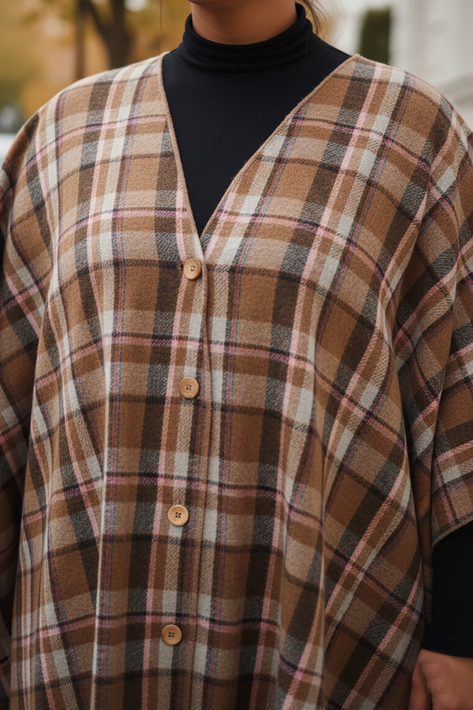 Plus Size Cozy Checked Winter Poncho Shirt for Women