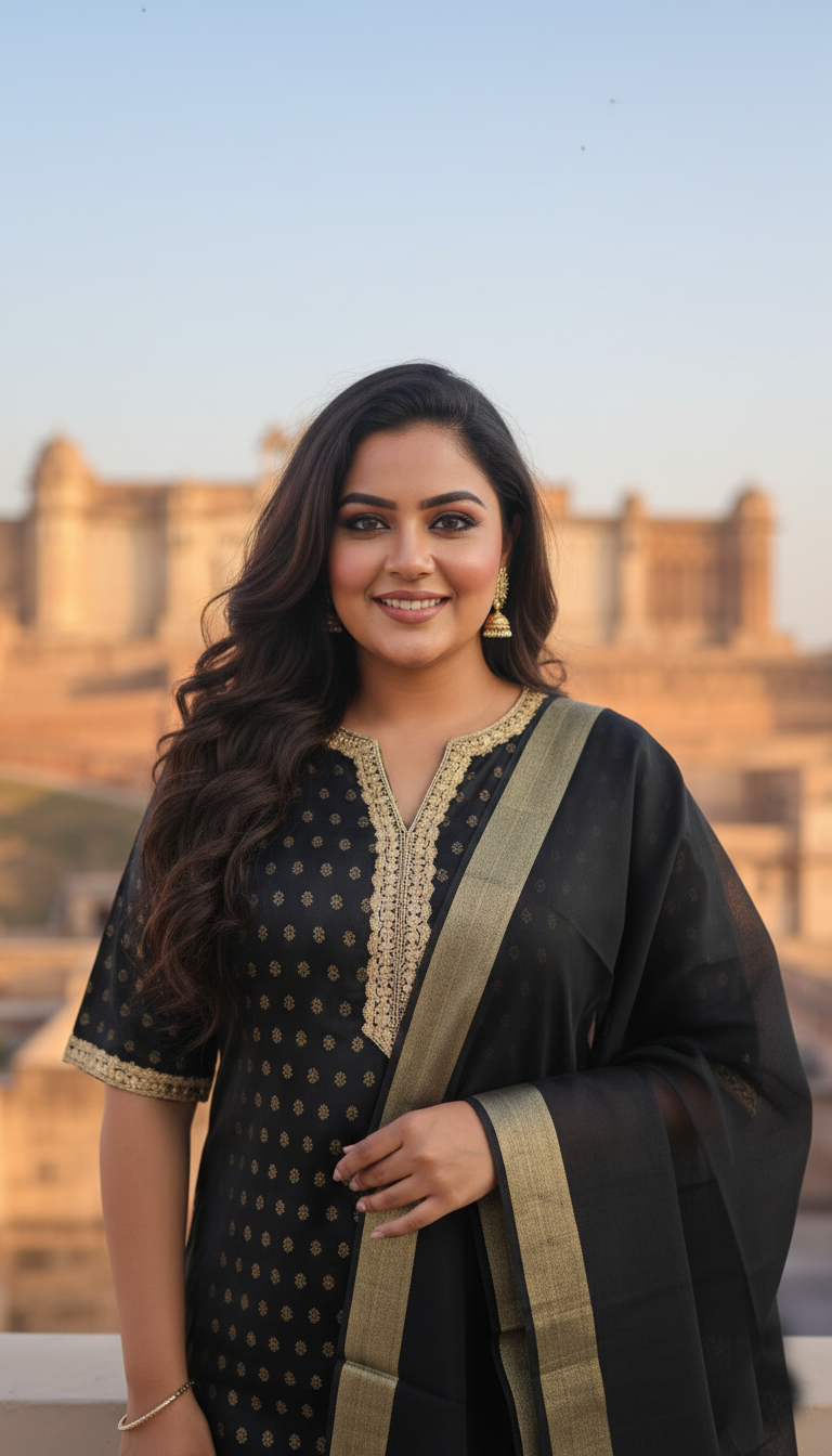 Plus Size Black & Gold Festive Benarasi Kurta Set with Chanderi Dupatta(Set of 3)