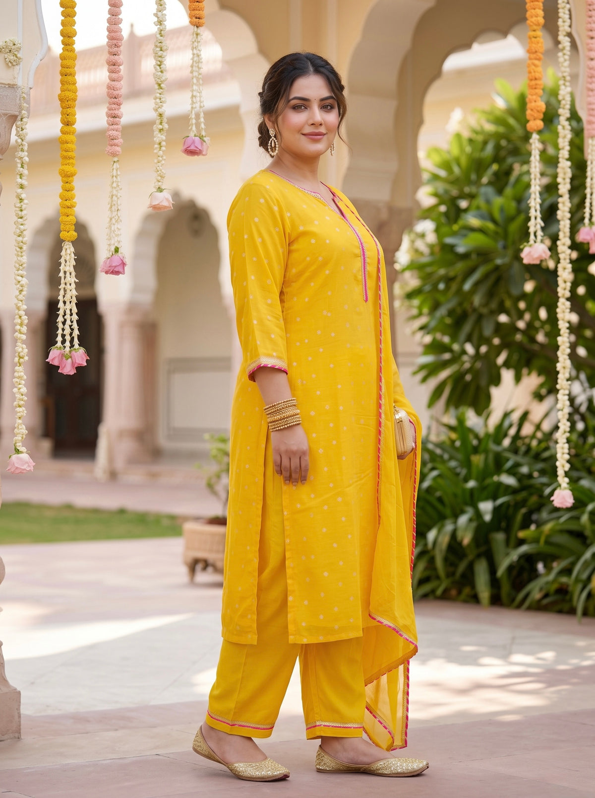 Sunshine Yellow Bandhani 100% Cotton Kurta Set with Gotta Patti Work & Chiffon Dupatta