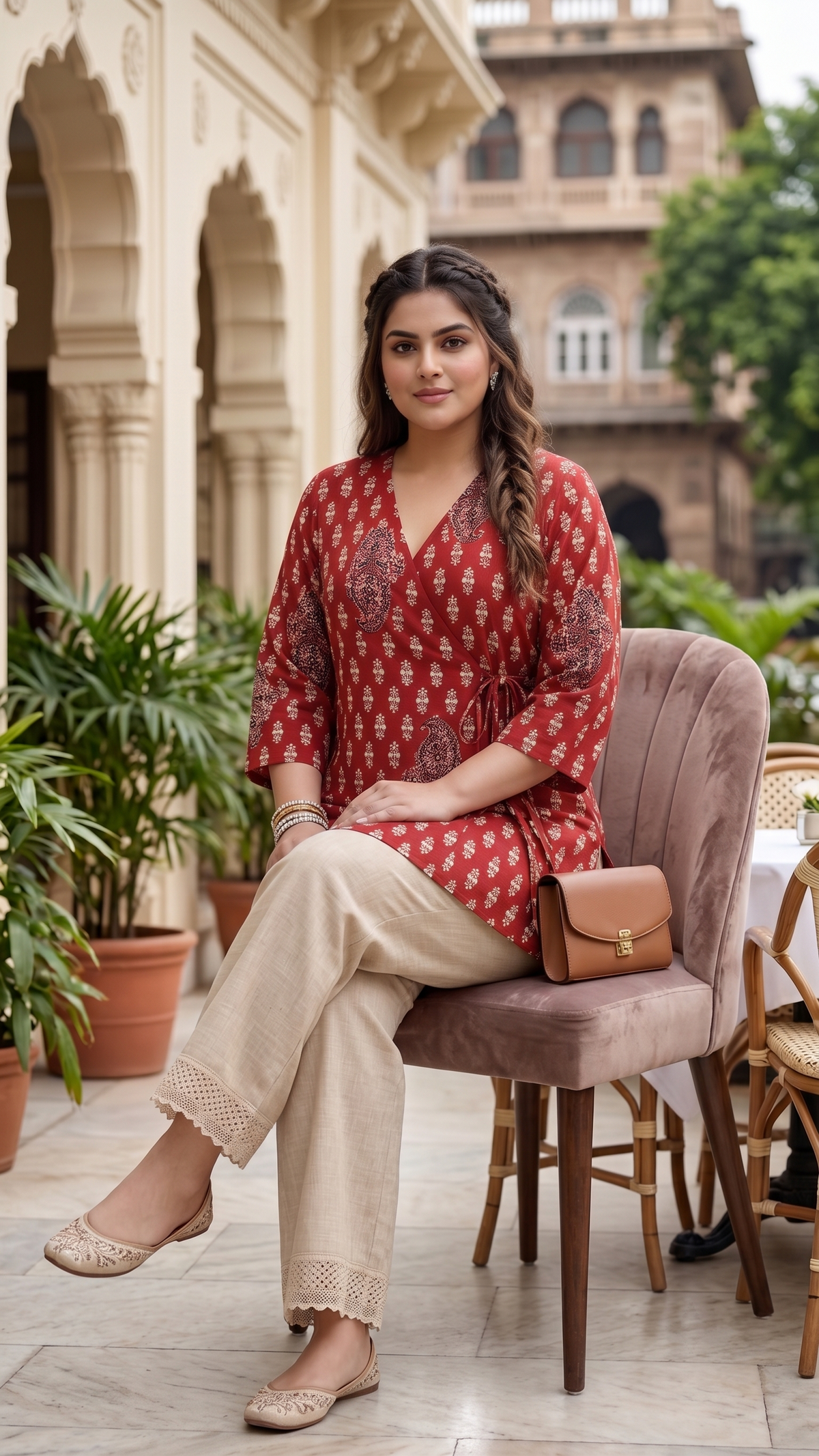 Plus Size Red Closed Angrakha 100% Cotton Tie-Up Top
