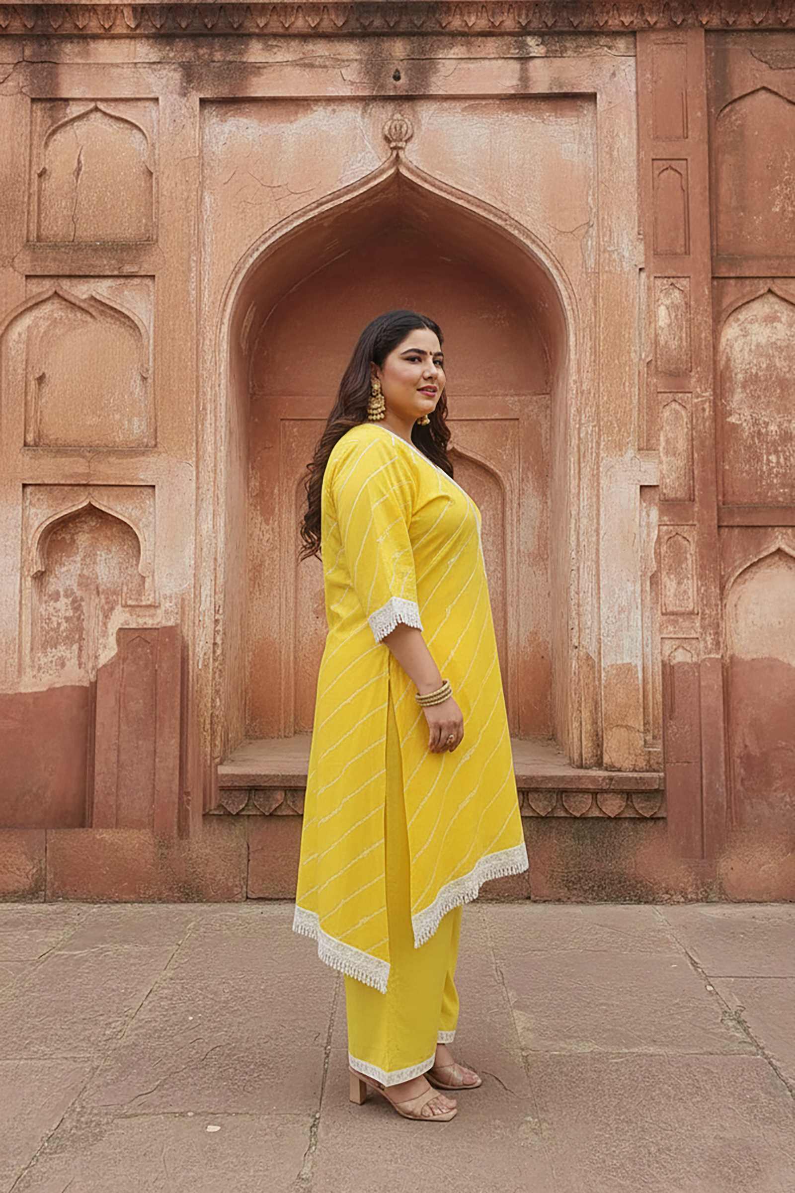 Plus Size Yellow Leheriya Kurta with Palazzo Set for Women